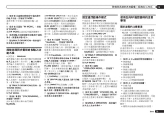 控制您系統的其他設備（若為SC-LX85）

4	 使用i/j選擇您要使用RF通訊操作
的輸入功能，然後按下ENTER。
選擇步驟1中安裝IR發射器的輸入設
備。
5	 使用i/j選取「RF MODE」，然後
按下ENTER。
選擇IR MODE以返回紅外線訊號操作。
6	 若其他輸入功能按鍵也切換為RF通訊
操作，請重複步驟4至5。
7	 按住MULTI OPERATION一兩秒鐘不
放來退出及儲存操作。

與接收器同步重新命名輸入功
能名稱
!	預設值： MANUAL
遙控器輸入顯示幕名稱可與已在接收器
輸入設定選單（第36頁）上輸入名稱變
更的輸入名稱同步化，並自動取得。
共有兩種模式： 每次切換輸入時自動
取得接收器輸入名稱的AUTO，以及只
在手動選擇輸入功能時取得接收器輸入
名稱的MANUAL。 即使在 第67頁 上
手動重新命名輸入功能名稱 手動變更
輸入名稱時，在此執行同步重新命名
後，會覆寫輸入名稱。
1	 按下MULTI OPERATION的同時，按
下HOME MENU。
此時遙控器顯示幕會顯示
SETUP MENU。
2	 使用i/j選取「SYNC RENAMING」，
然後按下ENTER。
此時遙控器顯示幕中會閃爍著
MANUAL。

若RF MODE ONLY閃爍，表示在遙控
器的IR/RF SELECT設定中未正確執行
配對或RECEIVER可能設為IR MODE。
此時請執行配對，然後在遙控器的
IR/RF SELECT設定中將RECEIVER切
換為RF MODE。 有關詳情，請參閱
第72頁 上配對RF轉接器與遙控器及
第72頁 上透過RF通訊操作此接收器 乙
節。
3	 使用i/j選擇「AUTO」或
「MANUAL」，然後按下ENTER。
若您選擇AUTO，則完成設定。 每次
切換遙控器的輸入時，接收器的輸入名
稱都會自動與接收器同步取得。 繼續
步驟7。
若您選擇MANUAL，請回到步驟4。
4	 按下您想要取得接收器輸入名稱設備
的輸入功能按鍵，然後按下ENTER。
取得接收器的輸入名稱。 顯示
PLEASE WAIT後，接收器的輸入名稱會
閃爍。 若尚未變更接收器 輸入設定選
單（第36頁）上的輸入名稱名稱，則
NO CHANGE閃爍。
不支援HDMI輸入功能按鍵。
5	 按下ENTER以輸入遙控器上顯示的輸
入名稱。
顯示COMPLETE並登錄輸入名稱。
6	 若要取得其他輸入功能按鍵的接收器
輸入名稱，請重複步驟4至5。
7	 按住MULTI OPERATION一兩秒鐘不
放來退出及儲存操作。

設定遙控器操作模式
!	預設值： SYNCHRO ON
開啟遙控器操作模式並切換接收器的輸
入時，遙控器顯示幕與操作模式會自
動切換為該輸入。 切換接收器的輸入
後，若您不想要遙控器的功能自動切
換，請選擇SYNCHRO OFF。
!	切換遙控器的輸入後，接收器的輸入
也會切換，但在該遙控器的直接播放
（第67頁）設為關閉時，切換遙控器
的輸入後，接收器的輸入不會切換，
而只有遙控器的操作畫面切換。
!	只有在遙控操作選擇開關設為
SOURCE時，遙控操作模式才有效。
1	 按下MULTI OPERATION的同時，按
下HOME MENU。
此時遙控器顯示幕會顯示
SETUP MENU。
2	 使用i/j選取
「OPERATION MODE」，然後按下
ENTER。
檢查配對的裝置。 若顯示
SYNCHRO ON，表示已正確執
行配對，因此請繼續步驟3。 若
RF MODE ONLY閃爍，表示未正確執行
配對，因此請於執行配對後再次執行此
程序（請參閱 第72頁 上配對RF轉接器
與遙控器 乙節）。
3	 使用i/j選擇「SYNCHRO ON」或
「SYNCHRO OFF」，然後按下ENTER。
此時遙控器顯示幕會顯示OK確認設
定。
4	 按住MULTI OPERATION一兩秒鐘不
放來退出及儲存操作。

10

使用全向RF遙控器時的注意
事項
關於波長的注意事項
!	此遙控器的設計可防止其他人竊聽傳
輸訊號，但仍應採取預防措施以免他
人藉機攔截及竊聽傳輸的訊號。 假使
此遙控器製造無線電波傳輸，他人可
刻意使用接收器嘗試攔截此類傳輸。
最後，避免使用此裝置來進行需隱私
的重要傳輸。
此遙控器採用2.4 GHz頻段。 其他也可
使用此波段的多數裝置說明如下。 特
別是使用者不常接觸的裝置列在項目
2。
1	 採用2.4 GHz波段的常見裝置範例：
!	無線電話
!	無線傳真機
!	微波爐
!	無線LAN路由器
!	無線影音裝置
!	遊戲專用的無線控制器
!	微波療程裝置
!	Bluetooth無線技術裝置
2	 使用2.4 GHz的其他裝置：
!	防竊系統
!	業餘無線電
!	工廠及倉庫的分散式控制系統
!	鐵路及救護車無線識別系統
以此遙控器同時使用此類裝置時，可能
會發生干擾，並導致訊號準位掉落。
若要改善接收品質，請嘗試採取下列
動作：
!	關閉其他會發射無線電波的裝置。
Zhtw

73

 