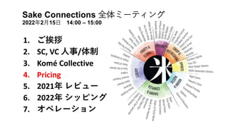 1. ご挨拶
2. SC, VC 人事/体制
3. Komé Collective
4. Pricing
5. 2021年 レビュー
6. 2022年 シッピング
7. オペレーション
Sake Connections 全体ミーティング
2022年2月15日 14:00 – 15:00
 