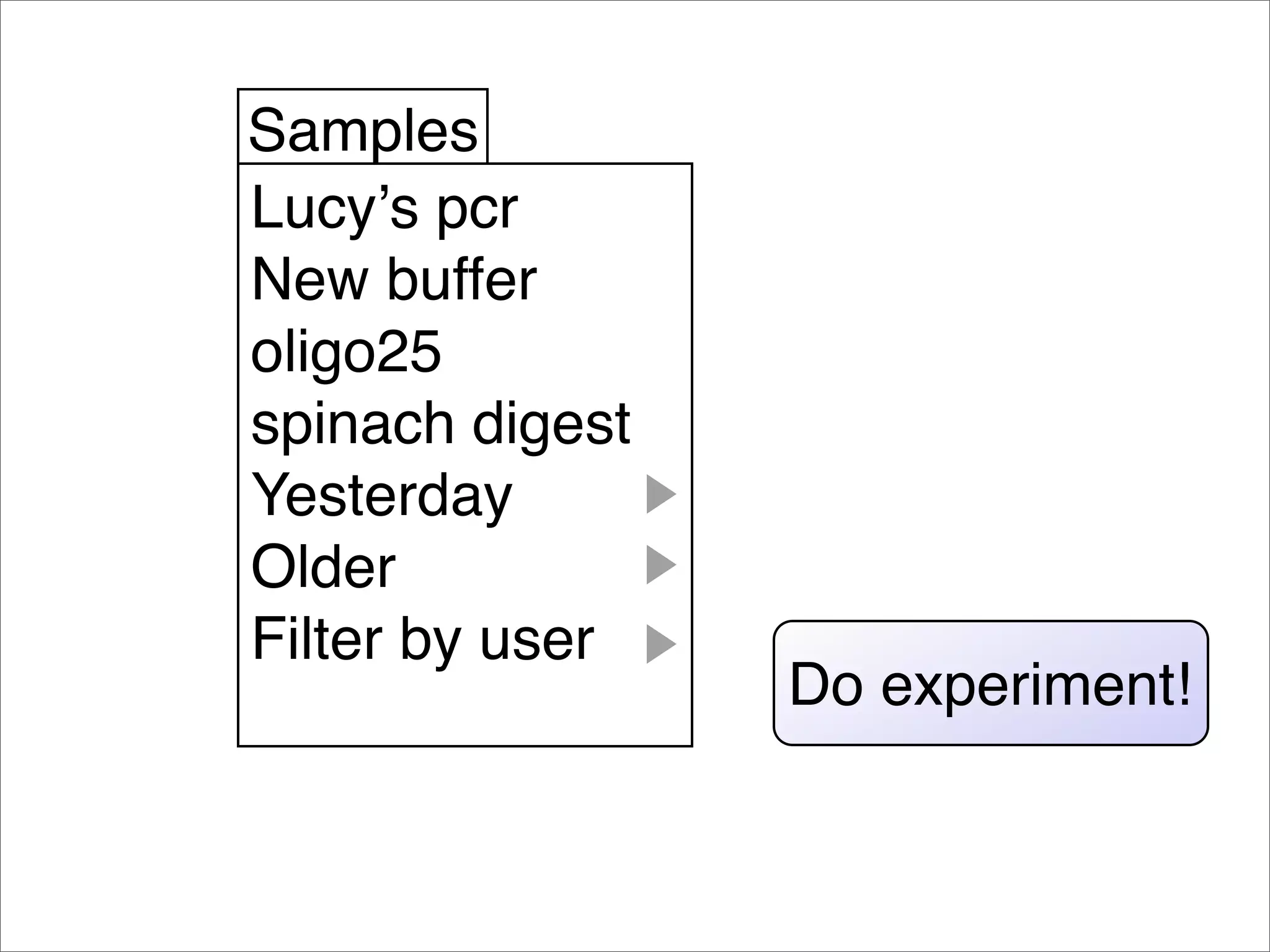 Samples
Lucyʼs pcr
New buffer
oligo25
spinach digest
Yesterday
Older
Filter by user
                 Do experiment!
 