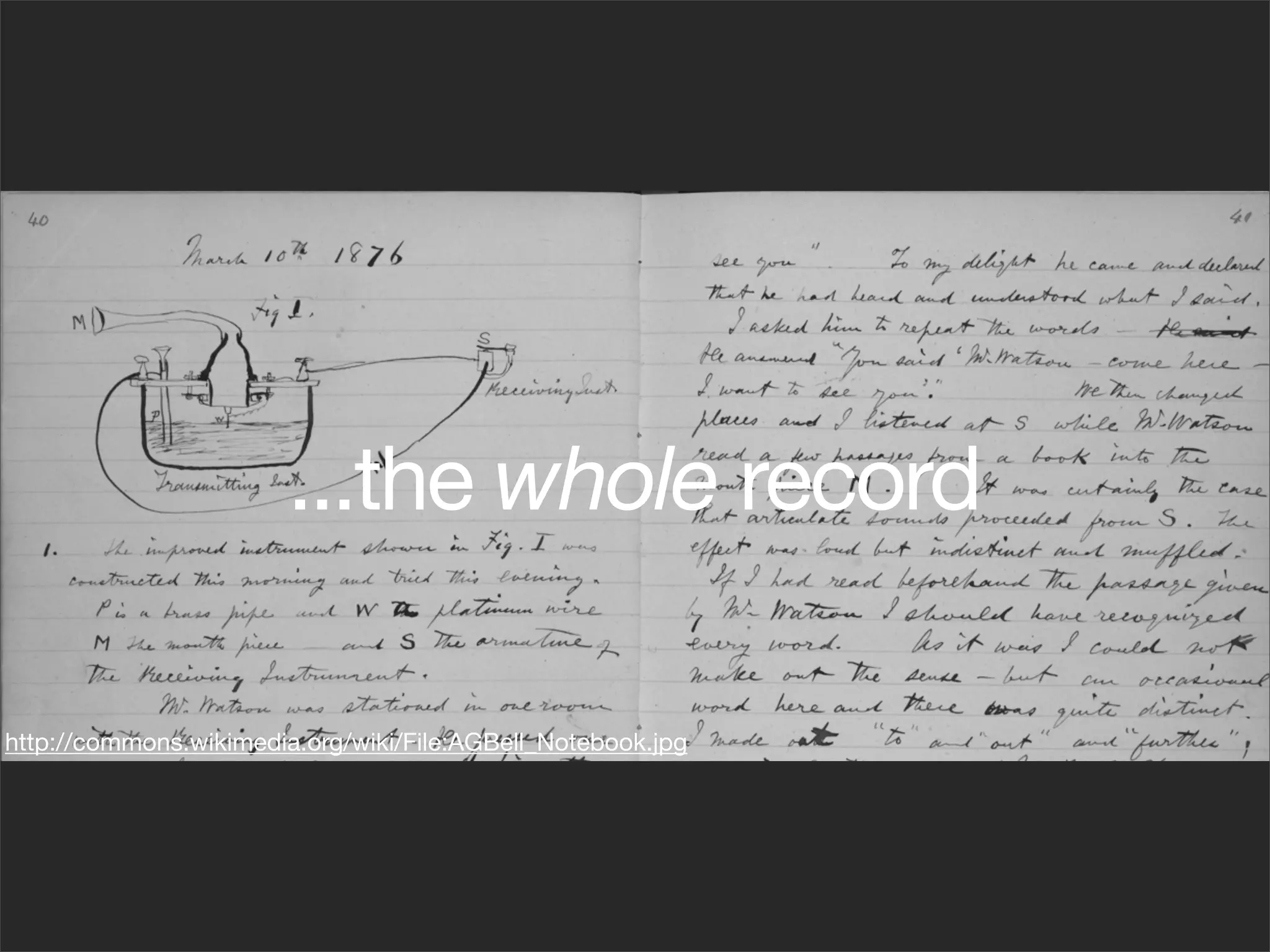 ...the whole record

http://commons.wikimedia.org/wiki/File:AGBell_Notebook.jpg
 