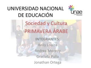 UNIVERSIDAD NACIONAL
DE EDUCACIÓN
INTEGRANTES:
Kelly Loaiza
Andrea Monroy
Graciela Pulla
Jonathan Ortega
Sociedad y Cultura
PRIMAVERA ÁRABE
 