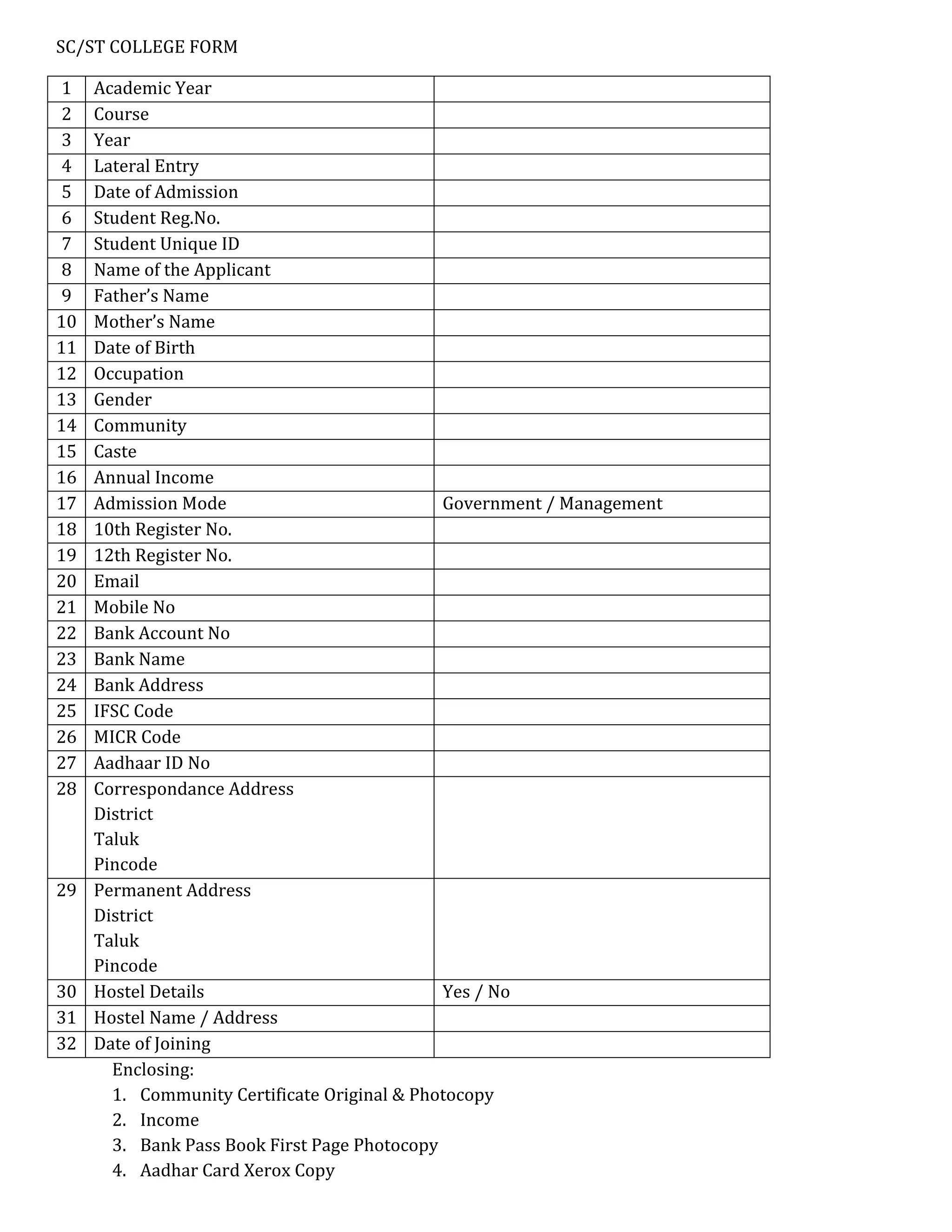 Sc st college form | PDF