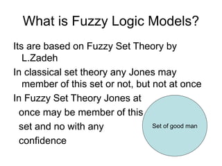 What is Fuzzy Logic Models?
Its are based on Fuzzy Set Theory by
L.Zadeh
In classical set theory any Jones may
member of this set or not, but not at once
In Fuzzy Set Theory Jones at
once may be member of this
set and no with any
confidence
Set of good man
 