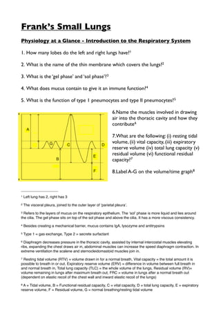 Frank’s Small Lungs
Physiology at a Glance - Introduction to the Respiratory System

1. How many lobes do the left and right lungs have?1

2. What is the name of the thin membrane which covers the lungs?2

3. What is the ‘gel phase’ and ‘sol phase’?3

4. What does mucus contain to give it an immune function?4

5. What is the function of type 1 pneumocytes and type II pneumocytes? 5

                                                              6.Name the muscles involved in drawing
                                                              air into the thoracic cavity and how they
                                                              contribute 6

                                                              7.What are the following: (i) resting tidal
                                                              volume, (ii) vital capacity, (iii) expiratory
                                                              reserve volume (iv) total lung capacity (v)
                                                              residual volume (vi) functional residual
                                                              capacity?7

                                                              8.Label A-G on the volume/time graph8



1   Left lung has 2, right has 3
2   The visceral pleura, joined to the outer layer of ʻparietal pleuraʼ.
3 Refers to the layers of mucus on the respiratory epithelium. The ʻsolʼ phase is more liquid and lies around
the cilia. The gel phase sits on top of the sol phase and above the cilia. It has a more viscous consistency.
4   Besides creating a mechanical barrier, mucus contains IgA, lysozyme and antitrypsins
5   Type 1 = gas exchange, Type 2 = secrete surfactant
6 Diaphragm decreases pressure in the thoracic cavity, assisted by internal intercostal muscles elevating
ribs, expanding the chest draws air in, abdominal muscles can increase the speed diaphragm contraction. In
extreme ventilation the scalene and sternocleidomastoid muscles join in.
7 Resting tidal volume (RTV) = volume drawn in for a normal breath, Vital capacity = the total amount it is
possible to breath in or out, Expiratory reserve volume (ERV) = difference in volume between full breath in
and normal breath in, Total lung capacity (TLC) = the whole volume of the lungs, Residual volume (RV)=
volume remaining in lungs after maximum breath out, FRC = volume in lungs after a normal breath out
(dependent on elastic recoil of the chest wall and inward elastic recoil of the lungs)
8A = Tidal volume, B = Functional residual capacity, C = vital capacity, D = total lung capacity, E = expiratory
reserve volume, F = Residual volume, G = normal breathing/resting tidal volume
 