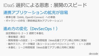 ・標準仕様（SAML, OpenID Connect）への準拠
・ギャラリーの存在（事前検証済みアプリケーション）
設定開始から ２～３ 週間で本番化
・事前確認：数日
・開発環境への設定：１～２時間程度（Web会議でアプリ側と同時に実施）
・動作テスト、データ確認（各リージョンのパイロットユーザ）：１～２週間
・本番化：１～２時間程度（Web会議でアプリ側と同時に実施）
 