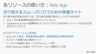 切り替え時の混乱を防ぐため、切り替え実施の条件として以下2点を設定
1. 全ユーザの多要素認証設定が完了していること
2. Conditional Access の信頼済み IP リストにすべての社内ネットワークの出口が設
定されていること
以下のアプリケーションを作成
• Azure AD で認証、多要素認証を要求（多要素認証の事前設定用）
• パスワード変更方法の案内ページ
• ソース IP を画面に表示（トラブルシュート用）
• SAML Assertion を表示（アプリケーション接続テスト用）
 
