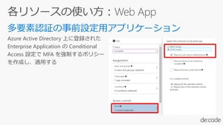 Azure Active Directory 上に登録された
Enterprise Application の Conditional
Access 設定で MFA を強制するポリシー
を作成し、適用する
 