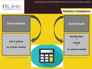 Entry Formula
www.hrspot.co.in | ISO Certified | Winner of 8 Service Excellence Awards
Statutory Compliance
Exit Formula
4.81 % of Basic
*
no. of years worked
Monthly basic
*
(15/26)
*
no. of years worked
 