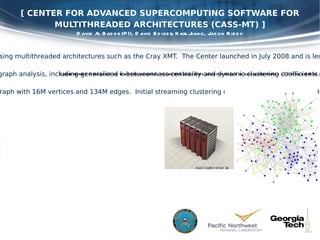 [ CENTER FOR ADVANCED SUPERCOMPUTING SOFTWARE FOR MULTITHREADED ARCHITECTURES (CASS-MT) ] [ OBJECTIVE ] To design software for the analysis of massive-scale spatio-temporal interaction networks using multithreaded architectures such as the Cray XMT.  The Center launched in July 2008 and is led by Pacific-Northwest National Laboratory. [ DESCRIPTION ] We are designing and implementing advanced, scalable algorithms for static and dynamic graph analysis, including generalized k-betweenness centrality and dynamic clustering coefficients. [ HIGHLIGHTS ] On a 64-processor Cray XMT, k-betweenness centrality scales nearly linearly (58.4x) on a graph with 16M vertices and 134M edges.  Initial streaming clustering coefficients handle around 200k updates/sec on a similarly sized graph. [ FUNDING ] Pacific Northwest National Laboratory David A. Bader (PI), David Ediger, Karl Jiang, Jason Riedy Our research is focusing on temporal analysis, answering questions about changes in global properties ( e.g.  diameter) as well as local structures (communities, paths). Image Courtesy of Cray, Inc. 