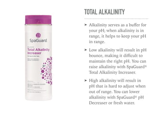 TOTAL ALKALINITY
➤ Alkalinity serves as a buﬀer for
your pH; when alkalinity is in
range, it helps to keep your pH
in range.
➤ Low alkalinity will result in pH
bounce, making it diﬃcult to
maintain the right pH. You can
raise alkalinity with SpaGuard®
Total Alkalinity Increaser.
➤ High alkalinity will result in
pH that is hard to adjust when
out of range. You can lower
alkalinity with SpaGuard® pH
Decreaser or fresh water.
 