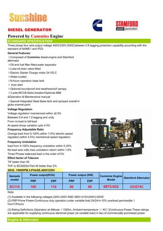 DIESEL GENERATOR
Powered by Cummins Engine
STANDARD SPECIFICATION
Three phase four wire,output voltage 400V/230V,50HZ,between 0.8 lagging,protection capability according with the
standard of NAME1 and IP23.
General Features:
ΔComposed of Cummins diesel engine and Stamford
alternator
ΔOil and fuel filter fitted,water separator
ΔLube-oil drain valve fitted
ΔElectric Starter Charge motor 24 VD.C
ΔWater-cooled
Δ8-hours operation base tank
Δ Auto start
ΔOptional soundproof and weatherproof canopy
Δ3 pole MCCB Delixi breaker/Optional ABB
ΔOperation & Maintenance manual
ΔSpecial Integrated Steel Base tank and sprayed overall in
gloss enamel paint
Voltage Regulation
Voltage regulation maintanined within ±0.5%
Between 0.8 and 1.0 lagging and unity
From no load to full load
At speed droop variation upto 4.5%
Frequency Adjustable Ratio
Change load from 0-100%,within 1.0%( electric speed
regulator),within 4.5%( mechanical speed regulator)
Frequency Undulation
load from 0-100%,frequency undulation within 0.25%
No load wire volts max undulation ration within 1.8%
Three Phrase balanced load in the order of 5%
Effect factor of Telecom
TIF better than 50
THF to IEC60034 Part 40 better than 2%
50HZ, 1500RPM,3-PHASE,400V/230V

 Gensets          Power output(KVA)               Power output (KW)        Cummins Engine
                                                                                          Stamford Alternator
  model           PRP              ESP            PRP            ESP          Model

 SC110             100             110             80             88          6BT5.9G2              UCI274C
Note:
(1) Available in the following voltages:220V-240V AND 380V-415V(440V)-50HZ
(2) PRP:Prime Power-Continuous duty operation,under variable load 24/24-h-10% overload permissible 1
hour/12hours.

(3) Rating Definitions (Operation at Altitude ≤1000m, Ambient temperature ≤ 40℃)Continuous Power.These ratings
are applicable for supplying continuous electrical power (at variable load) in lieu of commercially purchased power.

Engine & Alternator
 