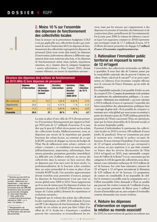 18
D O S S I E R   ❚  RGPP
18
Société Civile n° 119  ❚  Décembre 2011
2. Moins 10 % sur l’ensemble
des dépenses de fonctionnement
des collectivités locales
Dans la mesure où la présentation budgétaire LOLF
n’est pas applicable aux collectivités locales qui conti-
nuent de suivre l’instruction M14,les dépenses de fonc-
tionnement des collectivités regroupent les dépenses de
personnel (dont nous avons déjà traité), les dépenses
d’intervention (subventions allouées à différents orga-
nismes) dont nous traiterons plus loin, et les dépenses
de fonctionnement stricto sensu (achats, réparations,
entretien, etc.), classées dans la catégorie budgétaire
«  autres subventions  ». Pour l’année 2010, choisie
comme référence, on trouve la répartition suivante :
Structure des dépenses des sections de fonctionnement
en 2010 (Mds €) hors dépenses de personnel
Dépenses
d’intervention
Autres
dépenses
de fonction-
nement
Variation
intervention
Variation
autres
fonction-
nement
2009-2010
Cible,
réduction
de 10 %
Bloc communal 14,1 27,5 1,20 % -0,40 % -2,75
Départements 34,6 7,2 4,70 % -1 % -0,72
Régions 11,2 2,3 0,40 % 5,60 % -0,23
Ensemble 59,9 37 26 % 0 % -3,7
La mise en place d’une cible de 10 % devrait permet-
tre d’économiser théoriquement par rapport au bud-
get 2010 près de 3,7 milliards d’euros/an. Il va sans
dire que le gros de l’effort devra porter sur les achats
des collectivités locales. Malheureusement, nous ne
disposons pas encore de la répartition par grandes
fonctions des achats locaux, au contraire de ce que
la RGPP a permis de dégager au niveau du budget de
l’État. Pas de raffinement entre achats « métiers » et
achats « courants », ni ventilation en sous-catégories
(affranchissement, impressions, informatique, four-
nitures générales, prestations générales, immobilier).
La difficulté sera d’ailleurs renforcée au niveau des
collectivités dans la mesure où bien souvent elles
ne disposent pas d’un suivi serré de leurs stocks. La
professionnalisation de la fonction achat constitue
donc un enjeu primordial de la mise en place d’une
véritable RGPP locale. Une première approximation
devrait toutefois nous permettre d’avancer, puisque
les dépenses de fonctionnement n’ont pas varié au
niveau global entre 2009 et 2010. Nous supposerons
qu’il en sera de même pour les dépenses d’achats. Les
premières données de l’OEAP (Observatoire écono-
mique de l’achat public) donnent les répartitions et
évolutions suivantes :
Il apparaît que le volume des achats des collectivités
locales représentait, en 2009, 32,6 milliards d’euros,
soit 88 % des dépenses de fonctionnement. Mais l’en-
semble de ces achats ne peut pas faire l’objet d’un
effort de 10 %. Seules les « fournitures » semblent
pouvoir être concernées, et éventuellement les ser-
vices, mais pas les travaux qui s’apparentent à des
dépenses récurrentes d’entretien des bâtiments et de
construction (donc partiellement de l’investissement).
De la sorte,pour 2009,le volume de référence concer-
né (que l’on supposera constant en 2010) représente
une enveloppe totale de 17,7 milliards d’euros. 10 %
d’efforts devraient permettre de dégager 1,7 milliard
d’euros d’économies supplémentaires/an.
3. Rationaliser l’immobilier public
territorial en imposant la norme
de 12 m²/agent
L’immobilier des collectivités territoriales est difficile
à quantifier. Il nous faut afin de l’estimer passer par
la comptabilité nationale afin de pouvoir l’estimer en
valeur. Notre calcul est le suivant20 et ne peut repré-
senter, en l’absence d’un inventaire complet effectué
avec le concours de France Domaine, qu’un ordre de
grandeur.
En comptabilité nationale,il est possible d’isoler au sein
du compte 8 214 « Comptes de patrimoine et de variation
de patrimoine des administrations publiques », le sous-
compte « Bâtiments non résidentiels »,qui sont valorisés
à 343,8 milliards d’euros et représente l’ensemble des
biens immobiliers des administrations publiques hors
« ouvrages de génie civil ».Il est possible de comparer ce
montant avec celui global que nous avons reconstitué à
partir des données issues duTGPE (tableau général des
propriétés de l’État) concernant l’État, ses opérateurs,
ainsi que les biens immeubles de la Sécurité sociale et
du secteur hospitalier public.
Il permet d’individualiser le patrimoine des collecti-
vités locales en 2010 à environ 189 milliards d’euros
(ordre de grandeur). Nous ne connaissons pas pour
le moment avec certitude la surface occupée de
bureaux.Si nous retenons l’hypothèse d’une moyenne
de 22 m²/agent actuellement (ce qui correspond à
un niveau un peu supérieur à ce qui était constaté
en France dans les services déconcentrés de l’État
(18,4 m²/agent) en 2010, mais raisonnable compte
tenu de l’effort de la Reate21) et ne concernant que les
catégoriesA et B des agents des collectivités,nous abou-
tissons à une estimation surfacique de 10,9 millions de
m² de bureaux. Sur cette base estimative, ramener de
22 m²/agent à 12 m²/agent nécessiterait la libération
de 4,95 millions de m² de bureaux. Ce programme
de cession est considérable. Il est impossible de chif-
frer le montant à recueillir, mais la comparaison avec à
l’effort susceptible d’être demandé à l’État ne semble
pas pouvoir être évalué à moins de 3 milliards d’euros,
ce qui pourrait permettre de libérer pour 1 milliard
d’euros d’immobilier par an,sans compter d’éventuelles
cessions domaniales non encore évaluées.
4. Réduire les dépenses
d’intervention en repensant
la relation au monde associatif
En 2010, les interventions de guichet incombant aux
20 Sachant que les HLM ne
sont pas compris dans le
compte « Bâtiments non
résidentiels », mais dans le
patrimoine des ménages
confondus avec les ISBLSM
(institutions sans but lucratif
au service des ménages).
Cf. note Insee Première,
n° 1305, juillet 2010,
« Le patrimoine économique
national en 2009 », p. 2,
note 1 du tableau 1.
21 Réorganisation de
l’administration territoriale
de l’État (donc des services
déconcentrés).
 