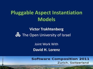 Pluggable Aspect Instantiation
           Models
        Victor Trakhtenberg
    The Open University of Israel

           Joint Work With
          David H. Lorenz
 