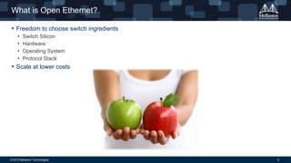 What is Open Ethernet?
 Freedom to choose switch ingredients
•
•
•
•

Switch Silicon
Hardware
Operating System
Protocol Stack

 Scale at lower costs

© 2013 Mellanox Technologies

5

 
