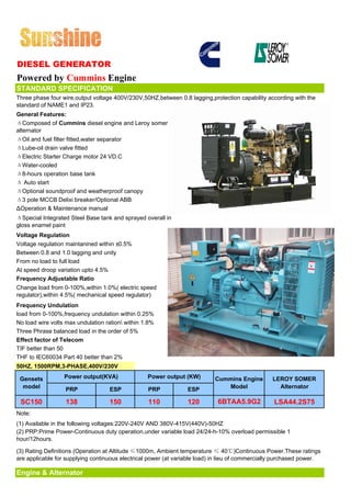 DIESEL GENERATOR
Powered by Cummins Engine
STANDARD SPECIFICATION
Three phase four wire,output voltage 400V/230V,50HZ,between 0.8 lagging,protection capability according with the
standard of NAME1 and IP23.
General Features:
ΔComposed of Cummins diesel engine and Leroy somer
alternator
ΔOil and fuel filter fitted,water separator
ΔLube-oil drain valve fitted
ΔElectric Starter Charge motor 24 VD.C
ΔWater-cooled
Δ8-hours operation base tank
Δ Auto start
ΔOptional soundproof and weatherproof canopy
Δ3 pole MCCB Delixi breaker/Optional ABB
ΔOperation & Maintenance manual
ΔSpecial Integrated Steel Base tank and sprayed overall in
gloss enamel paint
Voltage Regulation
Voltage regulation maintanined within ±0.5%
Between 0.8 and 1.0 lagging and unity
From no load to full load
At speed droop variation upto 4.5%
Frequency Adjustable Ratio
Change load from 0-100%,within 1.0%( electric speed
regulator),within 4.5%( mechanical speed regulator)
Frequency Undulation
load from 0-100%,frequency undulation within 0.25%
No load wire volts max undulation ration within 1.8%
Three Phrase balanced load in the order of 5%
Effect factor of Telecom
TIF better than 50
THF to IEC60034 Part 40 better than 2%
50HZ, 1500RPM,3-PHASE,400V/230V

 Gensets          Power output(KVA)               Power output (KW)        Cummins Engine        LEROY SOMER
  model           PRP              ESP            PRP            ESP          Model                Alternator

 SC150             138             150            110            120        6BTAA5.9G2            LSA44.2S75
Note:
(1) Available in the following voltages:220V-240V AND 380V-415V(440V)-50HZ
(2) PRP:Prime Power-Continuous duty operation,under variable load 24/24-h-10% overload permissible 1
hour/12hours.

(3) Rating Definitions (Operation at Altitude ≤1000m, Ambient temperature ≤ 40℃)Continuous Power.These ratings
are applicable for supplying continuous electrical power (at variable load) in lieu of commercially purchased power.

Engine & Alternator
 