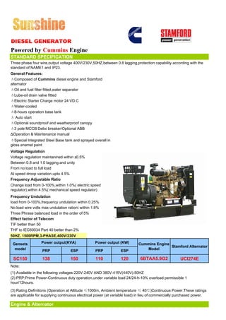 DIESEL GENERATOR
Powered by Cummins Engine
STANDARD SPECIFICATION
Three phase four wire,output voltage 400V/230V,50HZ,between 0.8 lagging,protection capability according with the
standard of NAME1 and IP23.
General Features:
ΔComposed of Cummins diesel engine and Stamford
alternator
ΔOil and fuel filter fitted,water separator
ΔLube-oil drain valve fitted
ΔElectric Starter Charge motor 24 VD.C
ΔWater-cooled
Δ8-hours operation base tank
Δ Auto start
ΔOptional soundproof and weatherproof canopy
Δ3 pole MCCB Delixi breaker/Optional ABB
ΔOperation & Maintenance manual
ΔSpecial Integrated Steel Base tank and sprayed overall in
gloss enamel paint
Voltage Regulation
Voltage regulation maintanined within ±0.5%
Between 0.8 and 1.0 lagging and unity
From no load to full load
At speed droop variation upto 4.5%
Frequency Adjustable Ratio
Change load from 0-100%,within 1.0%( electric speed
regulator),within 4.5%( mechanical speed regulator)
Frequency Undulation
load from 0-100%,frequency undulation within 0.25%
No load wire volts max undulation ration within 1.8%
Three Phrase balanced load in the order of 5%
Effect factor of Telecom
TIF better than 50
THF to IEC60034 Part 40 better than 2%
50HZ, 1500RPM,3-PHASE,400V/230V

 Gensets          Power output(KVA)               Power output (KW)        Cummins Engine
                                                                                          Stamford Alternator
  model           PRP              ESP            PRP            ESP          Model

 SC150             138             150            110            120        6BTAA5.9G2              UCI274E
Note:
(1) Available in the following voltages:220V-240V AND 380V-415V(440V)-50HZ
(2) PRP:Prime Power-Continuous duty operation,under variable load 24/24-h-10% overload permissible 1
hour/12hours.

(3) Rating Definitions (Operation at Altitude ≤1000m, Ambient temperature ≤ 40℃)Continuous Power.These ratings
are applicable for supplying continuous electrical power (at variable load) in lieu of commercially purchased power.

Engine & Alternator
 