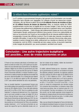 Société Civile n° 151 ❚ Novembre 2014 
ÉTUDE 24 
❚ BUDGET 2015 
3,6 milliards d’euros d’économies supplémentaires, vraiment ? 
Le 27 octobre, le gouvernement français a fait parvenir à la Commission une nouvelle 
trajectoire dans laquelle sont dégagées 3,6 milliards d’euros de ressources supplé-mentaires, 
afin de réduire le déficit structurel (2 milliards d’euros de recettes en plus 
et 1,6 milliard d’euros de baisse de dépense). Mais, un examen rapide de l’effort 
supplémentaire montre bien la fragilité de ce nouveau budget. C’est une fois de plus 
une hausse des prélèvements obligatoires qui permet un apparent retour vers l’équilibre 
des finances publiques… Cette hausse des prélèvements passe par de la lutte contre 
l’optimisation fiscale, extrêmement difficile à documenter, et de la non-déductibilité de 
taxe sur la production de l’Impôt sur les sociétés (IS) et de mesures additionnelles (non 
renseignées), là aussi très difficiles à prévoir. Pour le reste des mesures nouvelles pré-sentées 
à Bruxelles, il s’agit en fait d’actualisation de mesures d’économies, elles aussi, 
sujettes à caution (charge de la dette, prélèvement sur recettes en direction de l’Union 
européenne, coût du CICE). L’ensemble est donc assez confus, et pourrait s’assimiler 
à des marges de précaution, qui, sous la pression, semblent avoir sauté. 
Conclusion : Une autre trajectoire budgétaire 
est possible… avec de vraies économies en plus 
À l’heure où nous concluons cette étude, la Commission euro-péenne 
va rendre son verdict. Et il y a fort à parier que nos parte-naires 
vont nous demander plus d’économies sur nos dépenses 
publiques. Malgré tous les efforts du gouvernement pour faire 
croire que la France ne peut pas faire plus que les 50 milliards 
d’euros d’économies affichées, le manque d’ambition du gou-vernement 
en matière de baisse des dépenses structurelles finit 
par se voir, même de Bruxelles. Et ce, d’autant plus que l’objectif 
du retour à 3 % de déficit par rapport au PIB a été repoussé 
à 2017, sans vraiment demander leur avis à nos partenaires. 
Dans sa nouvelle trajectoire, le gouvernement français acte 
que la dette publique aura augmenté sur la période 2012-2017 
de plus de 400 milliards d’euros ! Et que cette dette atteindra 
plus de 98 % du PIB en 2016. Peut-on se satisfaire de cette 
trajectoire ? La réponse est clairement non. Et ce, d’autant plus 
que ce qu’on peut constater au niveau du budget 2015 de la 
France n’est pas fait pour rassurer sur la véracité des 21 mil-liards 
d’euros d’économies soi-disant actées pour 2015. Sur ces 
21 milliards d’euros, 4,6 sont très peu, voire absolument pas 
documentés (sur le fonctionnement de l’État ou les prestations 
sociales notamment…) et 3,7 sont plus qu’incertains car, qui 
saurait dire aujourd’hui que les collectivités locales vont, en 
face de la baisse de leur dotation, réaliser des économies ? 
Ou augmenter les impôts locaux ? 
En réalité, nullement freinées par les « économies » affichées 
par le gouvernement qui portent sur une tendance de hausse 
des dépenses publiques surestimée, les dépenses publiques 
vont donc continuer de croître en valeur de 59 milliards d’euros 
d’ici 2017 (1 224,5 milliards en 2014, 1 283,5 milliards en 
2017). Tout cela tient d’autant plus à un fil que le gouverne-ment 
affiche des projections de croissance optimistes (1 % 
en 2015, 1,7 % en 2016, 2 % en 2017 et en 2018…). Si l’on 
prend en compte les enseignements des dernières années 
et le consensus des économistes, la croissance risque d’être 
moins bonne que prévue. Avec un maximum autour de 1,5 % 
en fin de période. C’est donc une évidence, si l’on ne veut pas 
être acculé à voir les impôts augmenter encore largement et 
les baisses de charges prévues tout bonnement annulées pour 
cause de déficit plus important que prévu, il va falloir prévoir 
un programme d’économies plus ambitieux. 
Mais, ceux qui refusent de réorganiser la France et de faire bais-ser 
la dépense brandissent toujours la menace d’une économie 
qui serait à terre si l’on réalisait plus d’efforts. Il n’en est rien. 
 
