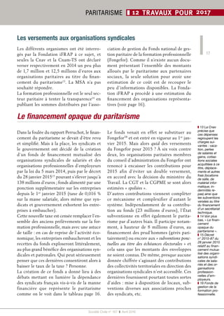 17
Société Civile n° 167  ❚  Avril 2016
PARITARISME ❚ 12 TRAVAUX POUR 2017
Le financement opaque du paritarisme
Dans la foulée du rapport Perruchot, le finan-
cement du paritarisme se devait d’être revu
et simplifié. Mais à la place, les syndicats et
le gouvernement ont décidé de la création
d’un fonds de financement mutualisé des
organisations syndicales de salariés et des
organisations professionnelles d’employeurs
par la loi du 5 mars 2014, puis par le décret
du 28 janvier 201515
pouvant s’élever jusqu’à
138 millions d’euros ; fonds alimenté par une
ponction supplémentaire sur les entreprises
depuis le 1er
 janvier 2015 (taxe de 0,016 %
sur la masse salariale, alors même que syn-
dicats et gouvernement exhortent les entre-
prises à embaucher).
Cette nouvelle taxe est censée remplacer l’en-
semble des anciens prélèvements sur la for-
mation professionnelle, mais avec une astuce
de taille : en cas de reprise de l’activité éco-
nomique, les entreprises embaucheront et les
recettes du fonds exploseront littéralement,
au plus grand bénéfice des organisations syn-
dicales et patronales. Qui peut sérieusement
penser que ces dernières consentiront alors à
baisser le taux de la taxe ? Personne.
La création de ce fonds a donné lieu à des
débats mettant en lumière la dépendance
des syndicats français vis-à-vis de la manne
financière que représente le paritarisme
comme on le voit dans le tableau page 16.
Le fonds venait en effet se substituer au
Fongefor16
et est entré en vigueur au 1er
 jan-
vier 2015. Mais alors quid des versements
du Fongefor pour 2015 ? À six voix contre
deux, les organisations paritaires membres
du conseil d’administration du Fongefor ont
renoncé à encaisser les contributions pour
2015 afin d’éviter un double versement,
en accord avec la décision du ministère du
Travail. La CGT et la CGPME se sont alors
estimées « spoliées ».
D’autres contributions viennent compléter
ce mécanisme et complexifier d’autant le
système. Indépendamment de sa contribu-
tion au fonds (23  millions d’euros), l’État
subventionne en effet également le parita-
risme par d’autres biais. Il participe notam-
ment, à hauteur de 8  millions d’euros, au
financement des prud’hommes (gérés pari-
tairement) ou encore aux « subventions ponc-
tuelles au titre des échéances électorales » et
cela sans que les montants des enveloppes
ne soient connus. De même, presque aucune
donnée chiffrée s’agissant des contributions
des collectivités territoriales en direction des
organisations syndicales n’est accessible. Ces
dernières fournissent pourtant toutes sortes
d’aides : mise à disposition de locaux, sub-
ventions diverses aux associations proches
des syndicats, etc.
Les versements aux organisations syndicales
Les différents organismes ont été interro-
gés par la Fondation iFRAP à ce sujet, et
seules la Cnav et la Cnam-TS ont déclaré
verser respectivement en 2014 un peu plus
de 1,7 million et 12,5 millions d’euros aux
organisations paritaires au titre du finan-
cement du paritarisme13
. La MSA n’a pas
souhaité répondre.
La formation professionnelle est le seul sec-
teur paritaire à tenter la transparence14
en
publiant les sommes distribuées par l’asso-
ciation de gestion du Fonds national de ges-
tion paritaire de la formation professionnelle
(Fongefor). Comme il n’existe aucun docu-
ment présentant l’ensemble des montants
alloués par le paritarisme aux partenaires
sociaux, la seule solution pour avoir une
estimation de ce coût est de recouper le
peu d’informations disponibles. La Fonda-
tion iFRAP a procédé à une estimation du
financement des organisations représenta-
tives (voir page 16).
❚❚ 13 La Cnav
précise que
ces dépenses
regroupent les
charges sui-
vantes : vaca-
tion, pertes
de salaires et
gains, cotisa-
tions sociales
acquittées à ce
titre, déplace-
ments et autres
frais (locations
de salle, de
matériel infor-
matique, in-
demnités re-
pas) ainsi que
les subventions
versées au titre
du financement
d’un secrétariat
technique.
❚❚ 14 Voir plus
bas, « Le finan-
cement
opaque du
paritarisme ».
❚❚ 15 Décret
n° 2015-87 du
28 janvier 2015
relatif au finan-
cement mutua-
lisé des organi-
sations syndi-
cales de sala-
riés et des or-
ganisations
profession-
nelles d’em-
ployeurs.
❚❚ 16 Fonds de
gestion de la
formation pro-
fessionnelle.
 