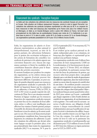 Société Civile n° 167  ❚  Avril 2016
18
12 TRAVAUX POUR 2017 ❚ PARITARISME
Enfin, les organisations de salariés et d’em-
ployeurs représentatives au plan national et
interprofessionnel, reçoivent, au titre de la
gestion paritaire, des subventions forfaitaires
pour la gestion des secrétariats techniques et
des actions de formations des conseillers. Les
syndicats de patronat et de salariés signent une
convention financière avec chacun des orga-
nismes paritaires et fixent les modalités de la
contribution financière allouée pour le finan-
cement des activités concernées.
Il convient d’analyser avec prudence les comptes
des organisations, car les critères retenus pour
élaborer les rapports d’activité peuvent être
légèrement différents. Cependant, on peut sou-
ligner de grandes disparités quant aux ressources
des organisations syndicales et patronales. Si le
Medef est largement financé par les cotisations
de ses adhérents, à l’inverse, l’UPA, la CFTC, la
CGT et FO vivent en grande majorité des sub-
ventions de l’État.Est-ce une situation normale ?
Pourtant, la logique voudrait que les ressources
financières des organisations syndicales reposent
en premier lieu sur les cotisations de leurs adhé-
rents, même si celles-ci sont insuffisantes pour
effectuer leur mission d’intérêt général, puisque
l’ensemble des décisions des partenaires sociaux
bénéficient à tous les salariés, qu’ils soient syndi-
qués ou non.Des sources de financement propre
au paritarisme complètent donc, beaucoup trop
largement, les cotisations des adhérents. La part
des cotisations des adhérents, qui devrait selon
toute logique occuper la première place, n’est
pas prépondérante dans toutes les organisations
syndicales (40,2 % en moyenne, 34 % pour la
CGT) et patronales (32,1 % en moyenne,62,7 %
pour le Medef).
Il est évident qu’un syndicat patronal ou de
salarié, indépendant grâce à ses cotisations, est
beaucoup plus légitime et représentatif qu’un
syndicat sous perfusion étatique.
Les organisations syndicales sont d’ailleurs bien
conscientes de leurs manquements. L’ANI sur
la modernisation et le fonctionnement du pari-
tarisme, signé le 17 février 2012, est éclairant.
Dès le préambule, les partenaires sociaux font
un état des lieux du paritarisme de gestion, qui
recouvre selon leurs propres dires « une grande
disparité, que ce soit dans les modes de gouvernance
des différents organismes, dans leur mode de finan-
cement ou encore dans les moyens de contrôle dont
ils sont dotés ». Ils semblent prendre conscience
que « cette hétérogénéité est sans doute pour partie
à l’origine des critiques dont il fait parfois l’objet ».
Les syndicats français auront quand même atten-
du 2012 pour estimer qu’il serait « souhaitable
que chaque organisme se dote d’outils destinés au
contrôle de son organisation, de son fonctionnement
et de sa gestion ». Ses outils sont les suivants : un
service d’audit interne, une obligation d’audit
externe à chaque renouvellement du conseil
d’administration ainsi que la publication de rap-
ports d’activité à destination des affiliés. Jusque-
là les seuls contrôles étaient ceux de l’Igas et de
la Cour des comptes. Ces outils doivent per-
mettre de lever le voile sur le patrimoine des
organisations syndicales et professionnelles qui
déclaraient pour 372,6 millions d’euros d’actifs
en 2014 dont des châteaux en région parisienne
pour la CGT, la CFDT et FO.
Financementdessyndicats:l’exceptionfrançaise
La faible part des cotisations des adhérents dans les ressources des syndicats français est une exception
en Europe. Cette situation est d’ailleurs typiquement française, comme le note le rapport Perruchot. Les
cotisations des adhérents des syndicats européens représentent en effet plus de 80 % en moyenne de
leurs ressources et elles sont beaucoup plus importantes qu’en France avec plus d’un milliard d’euros
en Allemagne, en Italie ou en Grande-Bretagne contre à peine 250 millions en France. Cet écart vient
principalement du très faible taux de syndicalisation français avec moins de 5 % d’adhérents à un syn-
dicat dans le privé et 15 % dans le public, contre 80 % en Suède ou encore 25 % en Grande-Bretagne.
Les organisations syndicales possédaient en 2014 pour 372,6 millions d’euros d’actifs.
 