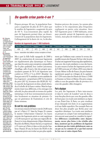 Société Civile n° 168  ❚ Mai 2016
10
12 TRAVAUX POUR 2017 ❚ LOGEMENT
De quelle crise parle-t-on ?
Depuis presque 40 ans, la population fran-
çaise a augmenté de plus de 20 % alors que
le nombre de logements a augmenté de près
de 60  %. L’accroissement plus rapide du
parc de logements permet donc un desser-
rement de la population dans les logements.
L’allongement de la durée de vie, la décoha-
bitation précoce des jeunes, les unions plus
tardives et les séparations plus fréquentes
expliquent en partie cette situation. Avec
523 logements pour 1 000 habitants, notre
pays possède autant de logements que nos
voisins, mais plus de résidences secondaires.
❚❚ 1 Source
CGEDD, ou
Le logement en
France, Solida-
rités nouvelles
pour le loge-
ment, dé-
cembre 2013,
p. 3.
❚❚ 2 Source :
TNS Sofres,
Les Français et
le logement.
❚❚ 3 Voir site
www.clameur.fr
❚❚ 4 Londres
étant très éten-
du, la compa-
raison logique
ne prend en
compte que
les buroughs
du centre.
❚❚ 5 Source :
Apur, Déplace-
ment dans les
villes euro-
péennes, 2004.
Les notions de
ville centre, aire
métropolitaine
et région utili-
sées par l’Apur
et Eurostat
sont nécessai-
rement en par-
tie arbitraires.
Dans le cas de
Paris elles cor-
respondent à
Paris, Grand
Paris et la ré-
gion Île-de-
France, des
notions assez
floues pas ho-
mogènes au ni-
veau internatio-
nal. L’Apur ne
dispose d’ail-
leurs pas des
données cor-
respondant à
ces trois péri-
mètres pour
toutes les ag-
glomérations.
Nombre de logements pour 1 000 habitants
Pays-Bas Royaume-Uni Belgique Suède Italie Danemark Allemagne France Finlande Espagne
429 437 473 480 485 491 506 523 534 538
Source : association des bailleurs sociaux européens et Insee.
Mis à part la folle bulle espagnole de 2000 à
2007, la construction de nouveaux logements
est régulièrement plus dynamique en France
que dans les autres pays européens comparables.
Sur le plan qualitatif, leur confort (ascenseur,
chauffage, salle d’eau) a fait des progrès spec-
taculaires passant de 50 % de logements sans
confort en 1970 à 1 % en 20101
. Résultat : les
Français sont à 92 % satisfaits ou très satisfaits de
leur logement – propriétaires (98 %), locataires
du privé (85 %), locataires des HLM (81 %)2
.
Le marché du logement est donc plutôt déten-
du à l’échelle de la France entière. Mais les loge-
ments étant tous différents, et les ménages très
sélectifs, les plus attractifs en termes de qualité
intrinsèque et de leur environnement peuvent
être localement en situation de pénurie. Ce
qui est générateur de frustrations et crée de
fortes tensions.
Où sont les vrais problèmes
Les niveaux moyens de loyers vont de 24,80 euros
par m2
à Paris à 5,7 dans les Vosges. Et comme
le montre l’observatoire Clameur3
, les loyers
moyens des logements privés ne sont supérieurs
à 12,40 euros par m2
que dans une région (Île-de-
France) et trois départements (Alpes-Maritimes,
Bouches-du-Rhône,Haute-Savoie),et supérieurs
à 15 euros qu’à Paris et dans sa très proche ban-
lieue. Depuis 20 ans, les loyers des HLM et des
logements privés ont évolué un peu plus rapide-
ment que l’inflation mais comme le revenu dis-
ponible moyen des Français.De leur côté,les prix
d’achat ont augmenté beaucoup plus rapidement,
mais avec des écarts similaires à ceux des loyers.
Le prix moyen d’achat des logements privés va
de 8 200 euros par m² à Paris à 892 euros dans la
Creuse. Même en Île-de-France, les prix baissent
rapidement quand on s’éloigne de la capitale :
de 5 230 euros dans les Hauts-de-Seine à 2 600
en Essonne ou Seine-et-Marne.Des prix compa-
rables à ceux des grandes villes de province et à
ceux des grandes villes étrangères.
Paris atypique
Les prix des logements à Paris intra-muros
et dans le centre de Londres4
sont de deux à
trois fois plus élevés que ceux des grandes villes
de leurs pays. Les écarts sont similaires au Japon
et aux États-Unis. À Paris, ces prix résultent
d’une demande très forte et en augmentation
et d’une faible superficie. Par exemple Paris est
deux fois plus peuplée que Berlin pour une
superficie identique. Les écarts sont similaires
en prenant en compte l’aire métropolitaine, et
très souvent aussi quand on considère la région5
.
Les différences considérables entre départe-
ments, encore plus fortes à des échelles plus
fines, montrent que les problèmes du logement
ne doivent pas être traités globalement, mais au
cas par cas. Le contraire de ce que font souvent
les lois vues et votées depuis Paris.
 