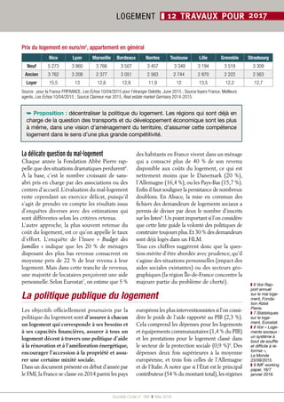 Société Civile n° 168  ❚ Mai 2016
LOGEMENT ❚ 12 TRAVAUX POUR 2017
Prix du logement en euro/m2
, appartement en général
Nice Lyon Marseille Bordeaux Nantes Toulouse Lille Grenoble Strasbourg
Neuf 5 273 3 860 3 766 3 507 3 457  3 349 3 194 3 519 3 309
Ancien 3 762 3 208 2 377 3 051 2 563 2 744 2 870 2 222 2 563
Loyer 15,5 13 12,6 12,9 11,9 12 13,5 12,2 12,7
Source : pour la France FPIFRANCE, Les Échos 10/04/2015 pour l’étranger Deloitte, June 2015 ; Source loyers France, Meilleurs
agents, Les Échos 10/04/2015 ; Source Clameur mai 2015, Real estate market Germany 2014-2015.
La délicate question du mal-logement
Chaque année la Fondation Abbé Pierre rap-
pelle que des situations dramatiques perdurent6
.
À la base, c’est le nombre croissant de sans-
abri pris en charge par des associations ou des
centres d’accueil. L’évaluation du mal-logement
reste cependant un exercice délicat, puisqu’il
s’agit de prendre en compte les résultats issus
d’enquêtes diverses avec des estimations qui
sont différentes selon les critères retenus.
L’autre approche, la plus souvent retenue du
coût du logement, est ce qu’on appelle le taux
d’effort. L’enquête de l’Insee «  Budget des
familles » indique que les 20 % de ménages
disposant des plus bas revenus consacrent en
moyenne près de 22 % de leur revenu à leur
logement. Mais dans cette tranche de revenus,
une majorité de locataires perçoivent une aide
personnelle. Selon Eurostat7
, on estime que 5 %
des habitants en France vivent dans un ménage
qui a consacré plus de 40 % de son revenu
disponible aux coûts du logement, ce qui est
nettement moins que le Danemark (20  %),
l’Allemagne (16,4 %), ou les Pays-Bas (15,7 %).
Enfin il faut souligner la persistance de nombreux
doublons. En Alsace, la mise en commun des
fichiers des demandeurs de logements sociaux a
permis de diviser par deux le nombre d’inscrits
sur les listes8
.Un point important si l’on considère
que cette liste guide la volonté des politiques de
construire toujours plus.Et 30 % des demandeurs
sont déjà logés dans un HLM.
Tous ces chiffres suggèrent donc que la ques-
tion mérite d’être abordée avec prudence, qu’il
s’agisse des situations personnelles (impact des
aides sociales existantes) ou des secteurs géo-
graphiques (la région Île-de-France concentre la
majeure partie du problème de cherté).
➥ Proposition : décentraliser la politique du logement. Les régions qui sont déjà en
charge de la question des transports et du développement économique sont les plus
à même, dans une vision d’aménagement du territoire, d’assumer cette compétence
logement dans le sens d’une plus grande compétitivité.
La politique publique du logement
Les objectifs officiellement poursuivis par la
politique du logement sont d’assurer à chacun
un logement qui corresponde à ses besoins et
à ses capacités financières, assurer à tous un
logement décent à travers une politique d’aide
à la rénovation et à l’amélioration énergétique,
encourager l’accession à la propriété et assu-
rer une certaine mixité sociale.
Dans un document présenté en début d’année par
le FMI,la France se classe en 2014 parmi les pays
européens les plus interventionnistes si l’on consi-
dère le poids de l’aide rapporté au PIB (2,3 %).
Cela comprend les dépenses pour les logements
et équipements communautaires (1,4 % du PIB)
et les prestations pour le logement classé dans
le secteur de la protection sociale (0,9 %)9
. Des
dépenses deux fois supérieures à la moyenne
européenne, et trois fois celles de l’Allemagne
et de l’Italie.À noter que si l’État est le principal
contributeur (54 % du montant total),les régimes
❚❚ 6 Voir Rap-
port annuel
sur le mal loge-
ment, Fonda-
tion Abbé
Pierre.
❚❚ 7 Statistiques
sur le loge-
ment, Eurostat.
❚❚ 8 Voir « Loge-
ments sociaux :
un système à
bout de souffle
et difficile à ré-
former »,
Le Monde
23/09/2015.
❚❚ 9 IMF working
paper, 16/7
janvier 2016.
 