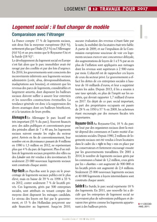 13
Société Civile n° 168  ❚ Mai 2016
LOGEMENT ❚ 12 TRAVAUX POUR 2017
Logement social : il faut changer de modèle
La France compte 17 % de logements sociaux,
soit deux fois la moyenne européenne (8,6 %),
nettement plus que l’Italie (5,3 %) ou l’Allemagne
(4,6 %) et un peu moins que le Royaume-Uni et
la Suède (18 %)11
.
Le développement du logement social en Europe
s’est fait alors que le parc immobilier avait été
ravagé par des conflits et par des lois d’urgence.
En 2016, les gouvernements sont conscients des
inconvénients inhérents aux logements sociaux
administrés (coût, abus, déresponsabilisations,
inadaptations aux besoins), et estiment que les
revenus des parcs de logements, considérables et
largement amortis, dont disposent les bailleurs
sociaux doivent suffire à assurer leur entretien
et les nouvelles constructions éventuelles. La
tendance générale est donc à la suppression des
divers avantages dont ces bailleurs bénéficient,
et à la taxation de leurs profits.
Allemagne ❙ En Allemagne le parc locatif est
très important (55 % du parc). Souvent financés
avec des aides publiques et conventionnés pour
des périodes allant de 7 à 40 ans, les logements
sociaux suivent ensuite les règles du secteur
privé. Arrivés en fin de conventionnement, leur
nombre est en décroissance passant de 8 millions
en 1980 à 1,5 million en 2012, ne représentant
plus que 4 % du parc de logement.Plus d’un mil-
lion de logements sociaux propriétés des villes ou
des Länder ont été vendus à des investisseurs. Et
seulement 23 000 nouveaux logements sociaux
sont construits chaque année.
Pays-Bas ❙ Les Pays-Bas sont le pays où le pour-
centage de logements sociaux publics est le plus
élevé, mais en baisse de 39 % en 1998 à 33 %
en 2012, contre seulement 7 % de locatifs pri-
vés. Ces logements, gérés par 500  entreprises
sociales, sont attribués en tenant compte des
moyens dont disposent les ménages candidats.
Le niveau des loyers est fixé par le gouverne-
ment, et 15  % des Hollandais perçoivent une
aide financière au logement. Jusqu’en 2010,
aucune évaluation des revenus n’étant faite par
la suite, la mobilité des locataires était très faible.
À partir de 2009, et sur l’impulsion de la Com-
mission européenne soucieuse de voir ces loge-
ments sociaux exercer une concurrence déloyale,
des augmentations de loyers de 1 à 5 % par an en
plus de l’inflation sont appliquées aux ménages
dont les revenus sont supérieurs à 2 900 euros
par mois. L’objectif est de rapprocher ces loyers
de ceux du secteur privé. Le gouvernement a ef-
facé les dettes de ces entreprises sociales à hau-
teur de 16 milliards d’euros, et leur a supprimé
toutes les aides. Depuis 2013, il les a soumis à
une taxe spéciale, en plus de l’impôt sur les so-
ciétés, qui devrait rapporter 1,7 milliard d’euros
en 2017. En dépit de ce parc social important,
la part des propriétaires occupants est passée
de 28 % en 1950 à 57 % en 2009, les acheteurs
étant encouragés par des mesures fiscales très
importantes.
Royaume-Uni ❙ Au Royaume-Uni, 18 % du parc
est loué par des organismes sociaux dont la moi-
tié dépend des communes et l’autre moitié d’as-
sociations sociales. Depuis 1980, 2 millions de lo-
gements sociaux ont été vendus à leurs locataires
dans le cadre du « right to buy » mis en place par
les conservateurs et fortement encouragé ensuite
par les gouvernements travaillistes. De 2001 à
2014, le nombre de logements sociaux gérés par
les communes a baissé de 1,2 million, ceux gérés
par les « charities » ont augmenté de 900 000 et
les locatifs privés ont augmenté de 2,4 millions.
Seulement 25 000 nouveaux logements sociaux
et 40 000 logements à loyers intermédiaires sont
construits chaque année.
Suède ❙ En Suède, le parc social représente 18 %
des logements. En 2011, une nouvelle loi a dé-
cidé que les entreprises de logement social ne
recevraient plus de subventions publiques et de-
vaient être gérées comme les logements apparte-
nant à des bailleurs privés.
Comparaison avec l’étranger
❚❚ 11 CECOD-
HAS, 2011.
 