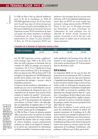 Société Civile n° 168  ❚ Mai 2016
12 TRAVAUX POUR 2017 ❚ LOGEMENT
L’évolution de la demande de logements sociaux à Paris
Nombre de demandeurs
1997 2001 2013 Fin 2014
85 000 100 000 138 000 194 000
Les 68  000  logements sociaux supplémen-
taires produits entre 1996 et fin 2014, n’ont
donc pas suffi à diminuer la demande, bien au
contraire. En 2002, les ménages aux ressources
« moyennes » (4e
, 5e
, 6e
et 7e
 déciles de revenus)
étaient moins nombreux (50 % de ménages) à
Paris que dans le reste d’Île de France (56 % des
ménages) et la disparition de 100 000 logements
locatifs privés depuis cette date a fait reculer
la proportion des ménages « moyens » dans la
population parisienne.
L’existence de très nombreux « demandeurs » ne
signifie pas que ceux-ci soient disposés à accep-
ter des propositions de relogement qui ne cor-
respondent pas de manière assez précise à leurs
souhaits en matière de quartier17
, d’environne-
ment ou de nature d’immeuble. On relève en
effet, que 40 % des propositions de relogement
sont refusées. La Dases18
relève « des refus régu-
liers de propositions de logement dans le 15e
par
des familles, pour des raisons qui échappent parfois
aux services sociaux qui les accompagnent ».
La Ville de Paris, à l’instar de plusieurs grandes
villes,a ainsi mis en place un système de cotation
de la demande qui permet d’objectiver en points
la priorité des dossiers selon un certain nombre
de critères familiaux, sociaux, professionnels,
sanitaires, etc. Mais on est frappé de l’atteinte à
la vie privée que représentent les informations
qu’il faut rassembler.Comment accepter qu’une
partie significative des locataires d’une ville soit
soumise à cette inquisition. Et qu’on fasse de
cette norme un objectif pour 25 % des locataires
dans les décennies à venir.
HLM de banlieue
Les logements HLM ont été sous les feux des
projecteurs avec les attentats de 2015.Le Premier
ministre a eu des mots très durs pour dénoncer
« l’apartheid social ethnique et territorial ».Très vite,
le gouvernement a promis d’agir en faveur d’une
mixité sociale en renforçant les sanctions prises
contre les communes récalcitrantes à l’application
de la loi SRU, en revoyant les conditions d’im-
plantation des ménages pauvres dans les « quar-
tiers » et la politique de loyers dans le parc social.
C’est l’objectif du projet de loi « égalité et citoyen-
neté » présenté en avril au conseil des ministres.
En pratique, nombre des mesures proposées font
déjà l’objet de critiques.
Pour éviter les ghettos, le texte prévoit qu’un
quart des attributions réalisées en dehors des
quartiers prioritaires de la politique de la ville
soient réservées aux ménages les plus pauvres et
devrait confier l’attribution aux intercommuna-
lités. Mais pour y parvenir, c’est tout le système
d’attribution qu’il faut revoir.Outre le fait que les
maires sont montés au créneau contre leur des-
saisissement de la politique d’attribution, cette
politique n’influence que le flux, pas le stock.
16
La Ville de Paris a fixé un objectif ambitieux
pour la fin de la mandature en 2020 de
260 000 logements sociaux. En 25 ans, le parc
privé locatif aura ainsi été divisé presque par
deux et le parc locatif social multiplié par 1,8.
Bienquelesplafondsderevenuspourl’accèsaux
logements sociaux PLUS permettent de loger
une partie des classes moyennes, la politique
d’attribution de ces logements privilégie
massivement les classes les plus modestes.
À Paris, les 2/3 des logements PLUS sont
attribués à des ménages dont les revenus sont
inférieurs à 60 % des plafonds (plafonds pour
entrer dans un PLUS, un jeune couple sans
personne à charge pourra toucher 58 904 €).
Outre le fait que ce décalage provoque
des frustrations, on peut s’interroger sur
l’adéquation de cette politique avec les
objectifs de mixité sociale invoqués de
manière récurrente et sur le fait que cette
mixité puisse se réaliser sans le concours des
classes moyennes.
❚❚ 17 De la de-
mande au re-
fus : les mé-
nages priori-
taires face aux
propositions de
logements so-
ciaux, Adil
du Gard, fé-
vrier 2013.
❚❚ 18 Direction
de l’Action so-
ciale, de l’En-
fance et de la
Santé, Ville de
Paris.
 