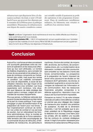 Société Civile n° 178  ❚  avril 2017
DÉFENSE ❚ Vers les 2 %
23
Conclusion
Aujourd’hui,nosforcesarméesconnaissent
une surchauffe généralisée entre les mis-
sions et opérations et les ressources effec-
tives qui leur sont attribuées. Le nombre
de théâtres d’opérations, sans compter les
forces de souveraineté et de présence, im-
pose de nombreux compromis sur l’entraî-
nement des unités, mais aussi leur remise
en condition. Les matériels connaissent
une crise de disponibilité, à cause de leur
utilisation intensive, leur âge moyen et les
crédits affectés à leur entretien. Les trous
capacitaires sont nombreux. Une situa-
tion que l’absence de réelle stratégie des
moyens peine à enrayer, malgré les com-
mandes de nouveaux équipements.
Plus que jamais, la Défense nationale doit
recevoir toutes les attentions qu’elle mérite
de la part du niveau politique. Il est urgent
d’engager un plan de transformation et de
préparation de l’avenir pour nos forces. Il
faut impérativement continuer de renfor-
cer nos unités de combat et nos services
de soutien, tout en rationalisant les fonc-
tions administratives. Ainsi, la montée en
puissance actuelle de la Force opération-
nelle terrestre doit être accompagnée de
la commande de plus de véhicules, d’héli-
coptères de manœuvres, de patrouilleurs
maritimes, d’avions de combat, de moyens
ISR, de drones, de munitions, de consom-
mables divers, etc. La modernisation de la
dissuasion nucléaire doit être poursuivie,
sans empiéter sur les besoins criants des
forces conventionnelles. La prospective
et la préparation de l’avenir imposent de
lancer et/ou poursuivre les études sur les
chasseurs de 6e
génération, les drones, le
combattant augmenté ou encore les tech-
nologies de traitement de l’information et
de communication. Avec les ressources
financières actuelles consacrées à la
défense aujourd’hui, répondre à tous ces
enjeux est tout bonnement impossible.
Consacrer au moins 2 % de notre richesse
nationale annuelle à notre défense constitue
un premier pas pour dégager des marges
de manœuvre pour soutenir nos ambitions
de puissance. Au-delà de la dimension
financière, il est fort probable que le pro-
chain président de la République engage
la rédaction d’un nouveau Livre blanc pour
les armées, afin de redéfinir une nouvelle
fois les contours du contexte stratégique
actuel. Il s’agit d’une action nécessaire pour
retranscrire en actes dans la LPM qui suivra.
Objectif : améliorer l'organisation de la maintenance et revoir les crédits affectés aux infrastruc-
tures systématiquement sous-évalués.
Budget dans prochaine LPM : 1 Md € d'investissement annuel supplémentaire pour l'entretien
programmé des matériels d'ici la fin de la LPM et 500 M€ d'investissement annuel supplémen-
taire d'ici la fin de la LPM pour les dépenses d'infrastructure.
infrastructures spécifiquement liées à la dis-
suasion nucléaire.Au total, ce sont 1,54 mil-
liard d’euros qui peuvent être dépensés par
le ministère de la Défense pour sa politique
immobilière. Néanmoins, les infrastructures
sont depuis des années considérées comme
une véritable variable d’ajustement au profit
des opérations et des programmes d’arme-
ment. Dans de nombreuses installations
militaires, les bâtiments sont vétustes et
souffrent d’un entretien limité.
 