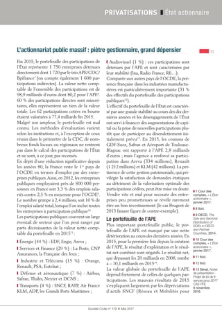 11
Société Civile n° 179  ❚  Mai 2017
PRIVATISATIONS ❚ État actionnaire
L’actionnariat public massif : piètre gestionnaire, grand dépensier
Fin 2015, le portefeuille des participations de
l’État représente 1 750 entreprises détenues
directement dont 1 720 par le trioAPE/CDC/
Bpifrance7
(on compte également 1 600 par-
ticipations indirectes). La valeur nette comp-
table de l’ensemble des participations est de
98,9 milliards d’euros dont 80,2 pour l’APE8
.
60 % des participations directes sont minori-
taires, elles représentent un tiers de la valeur
totale. Les 62 participations cotées en bourse
étaient valorisées à 77,4 milliards fin 2015.
Malgré son ampleur, le portefeuille est mal
connu. Les méthodes d’évaluation varient
selon les institutions et, à l’exception de ceux
réunis dans le périmètre de la CDC, de nom-
breux fonds locaux ou régionaux ne rentrent
pas dans le calcul des participations de l’État
et ne sont, à ce jour, pas recensés.
En dépit d’une réduction significative depuis
les années 80, la France reste le 1er
 pays de
l’OCDE en termes d’emploi par des entre-
prises publiques.Ainsi,en 2012,les entreprises
publiques employaient près de 800 000 per-
sonnes en France soit 3,3 % des emplois sala-
riés contre 2,5 % en moyenne pour l’OCDE9
.
Le nombre grimpe à 2,4 millions, soit 10 % de
l’emploi salarié total,lorsque l’on inclut toutes
les entreprises à participation publique10.
Les participations publiques couvrent un large
éventail de secteur que l’on peut ranger par
parts décroissantes de la valeur nette comp-
table du portefeuille en 201511 
:
❙ Énergie (44 %) : EDF, Engie, Areva ;
❙ Services et Finance (29 %) : La Poste, CNP
Assurances, la Française des Jeux ;
❙ Industrie et Télécoms (15  %)  : Orange,
Renault, PSA, Eutelsat ;
❙ Défense et aéronautique (7  %)  : Airbus,
Safran, Thales, Nexter et DCNS ;
❙ Transports (4 %) : SNCF, RATP, Air France
KLM, ADP, les Grands Ports Maritimes ;
❙ Audiovisuel (1 %) : ces participations sont
détenues par l’APE et sont caractérisées par
leur stabilité (Ina, Radio France, Rfi…).
Comparée aux autres pays de l’OCDE,la pré-
sence française dans les industries manufactu-
rières est particulièrement importante (31 %
des effectifs du portefeuille des participations
publiques12
).
L’effectif du portefeuille de l’État est caractéri-
sé par une grande stabilité au cours des dix der-
nières années et les désengagements de l’État
ont servi à financer des augmentations de capi-
tal ou la prise de nouvelles participations plu-
tôt que de participer au désendettement ini-
tialement prévu13
. En 2015, les cessions de
GDF-Suez, Safran et Aéroport de Toulouse-
Blagnac ont rapporté à l’APE 2,8 milliards
d’euros ; mais l’agence a renforcé sa partici-
pation dans Areva (334 millions), Renault
(1 212 millions) et KLM (42 millions).La per-
tinence de cette gestion patrimoniale, qui pri-
vilégie la satisfaction de demandes étatiques
au détriment de la valorisation optimale des
participations cédées, peut être mise en doute.
Vendre vite et mal pour secourir des entre-
prises peu prometteuses se révèle rarement
être un bon investissement (le cas Peugeot de
2013 faisant figure de contre-exemple).
Le portefeuille de l’APE
Plus important portefeuille public, le por-
tefeuille de l’APE est marqué par une nette
détérioration au cours des dernières années.En
2015, pour la première fois depuis la création
de l’APE, le résultat d’exploitation et le résul-
tat net combiné sont négatifs. Le résultat net,
qui dépassait les 20 milliards en 2008, tombe
à – 10,1 milliards en 201514
.
La valeur globale du portefeuille de l’APE
dépend fortement de celles de quelques par-
ticipations. Les mauvais résultats de 2015
s’expliquent largement par les dépréciations
d’actifs SNCF (Réseau et Mobilités pour
❚❚ 7 Cour des
comptes, « L’État
actionnaire »,
janvier 2017.
❚❚ 8 Ibid.
❚❚ 9 OECD, The
Size and Sectoral
Distribution of
SOEs in OECD
and Partner
Countries, 2014.
❚❚ 10 Cour des
comptes, « L’État
actionnaire »,
janvier 2017.
❚❚ 11 Ibid.
❚❚ 12 Ibid.
❚❚ 13 Sénat, Notes
de présentation -
Projet de loi de fi-
nances pour 2017
CAS PFE,
8 novembre
2016.
 