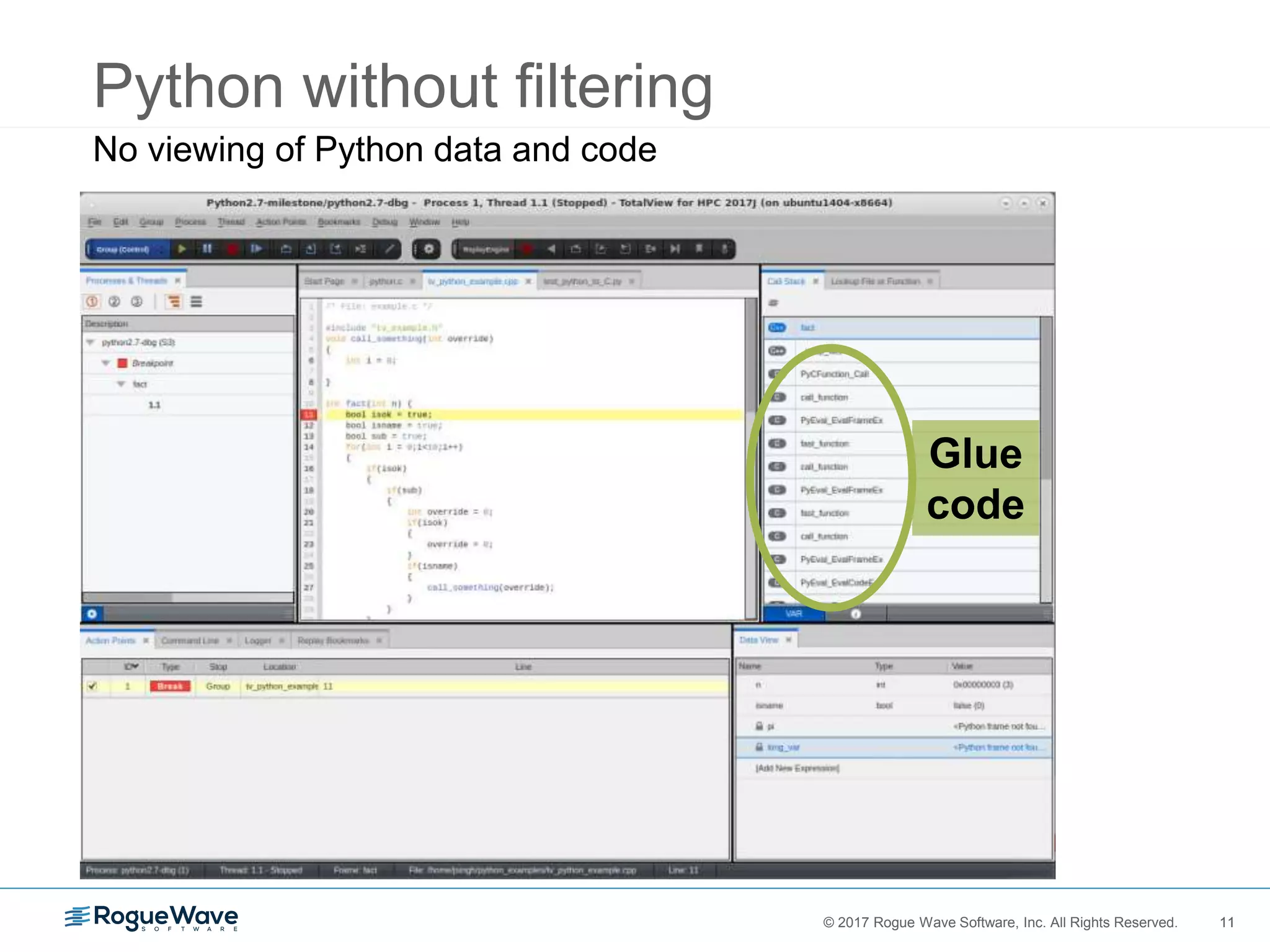 11© 2017 Rogue Wave Software, Inc. All Rights Reserved. 11
Python without filtering
Glue
code
No viewing of Python data and code
 