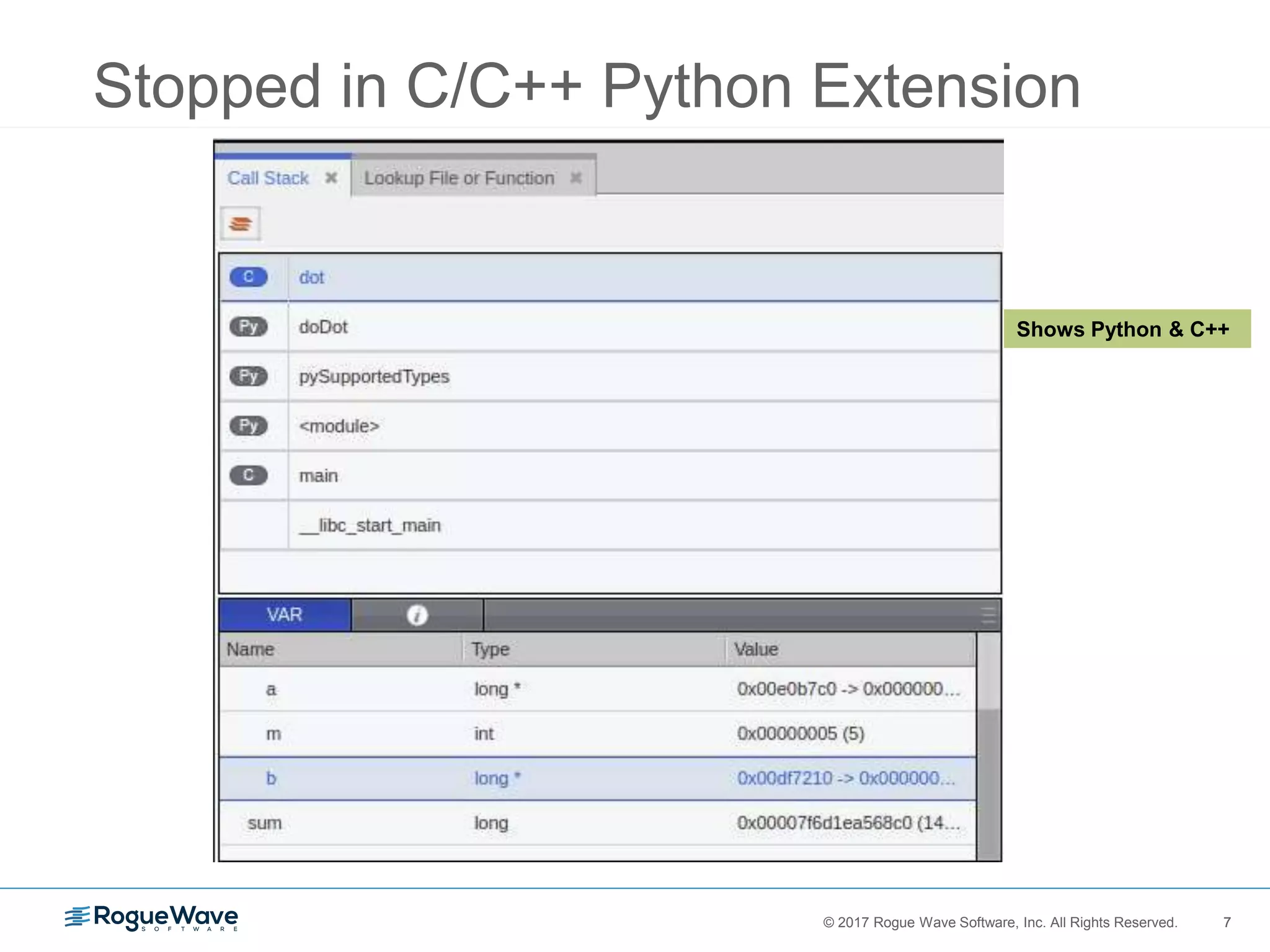 7© 2017 Rogue Wave Software, Inc. All Rights Reserved. 7
Stopped in C/C++ Python Extension
Shows Python & C++
 