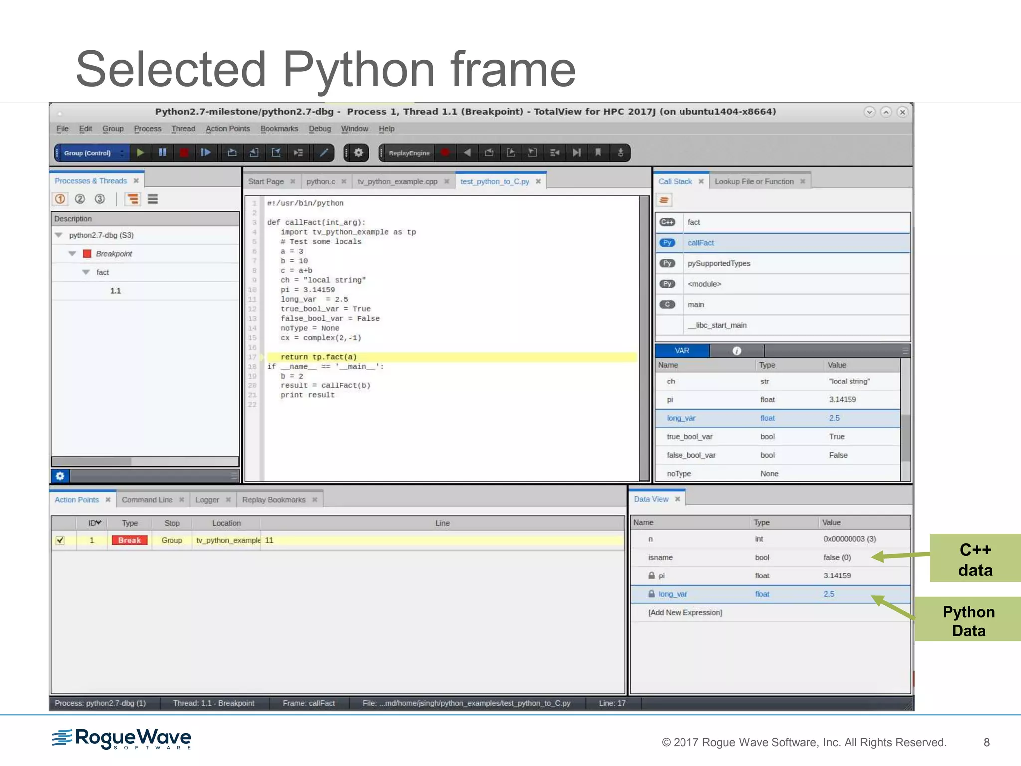 8© 2017 Rogue Wave Software, Inc. All Rights Reserved. 8
Selected Python frame
C++
data
Python
Data
 