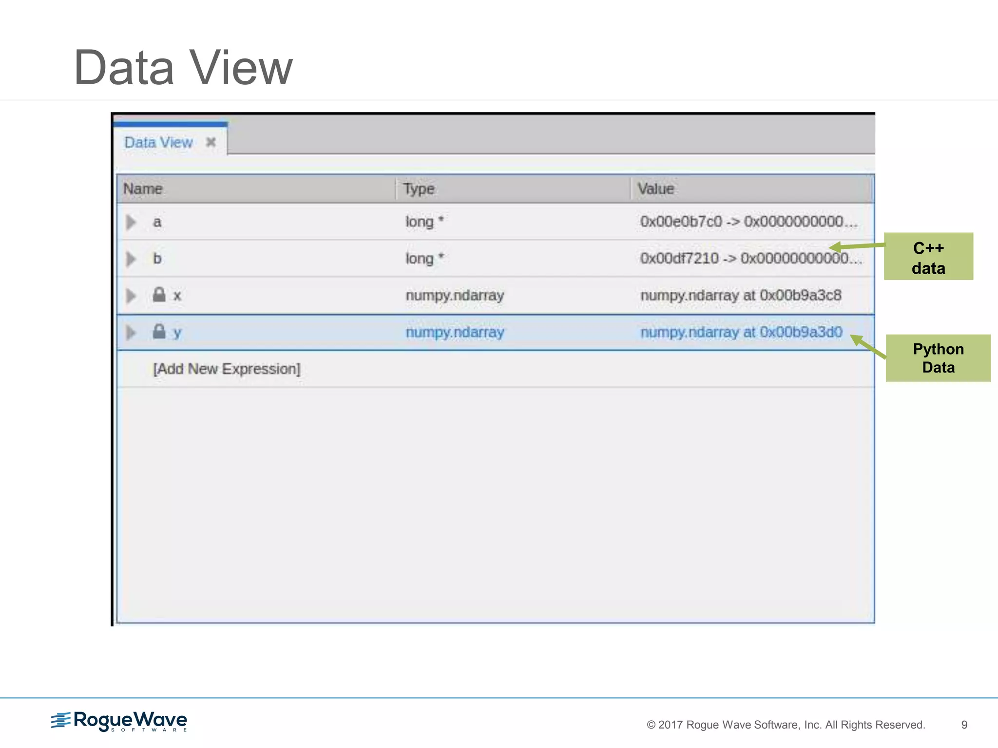 9© 2017 Rogue Wave Software, Inc. All Rights Reserved. 9
Data View
C++
data
Python
Data
 