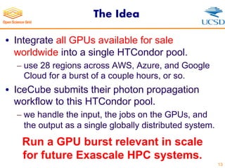 The Idea
• Integrate all GPUs available for sale
worldwide into a single HTCondor pool.
- use 28 regions across AWS, Azure, and Google
Cloud for a burst of a couple hours, or so.
• IceCube submits their photon propagation
workflow to this HTCondor pool.
- we handle the input, the jobs on the GPUs, and
the output as a single globally distributed system.
13
Run a GPU burst relevant in scale
for future Exascale HPC systems.
 