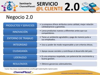 Negocio 2.0
• La empresa ofrece atributos como calidad, mejor relación
calidad/precio y garantías.PRODUCTOS Y SERVICIOS
• Lanza productos nuevos y diferentes antes que sus
competidores.INNOVACIÓN
• Tiene un ambiente agradable y paga de manera justa a
sus empleados.ENTORNO DE TRABAJO
• Usa su poder de modo responsable y con criterios éticos.INTEGRIDAD
• Apoya causas sociales y contribuye al desarrollo del país.CIUDADANÍA
• Es una empresa respetada, con potencial de crecimiento y
buena gestión.LIDERAZGO
• Obtiene ganancias sobresalientes.RESULTADOS
Fuente: http://www.reputationinstitute.com/thought-leadership/the-reptrak-system
 
