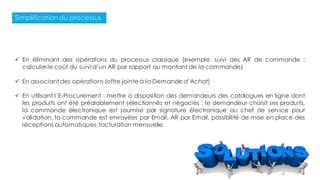 Simplification du processus
 En éliminant des opérations du processus classique (exemple, suivi des AR de commande :
calculer le coût du suivi d’un AR par rapport au montant de la commande)
 En associant des opérations (offre jointe à la Demande d’Achat)
 En utilisant l’E-Procurement : mettre à disposition des demandeurs des catalogues en ligne dont
les produits ont été préalablement sélectionnés et négociés : le demandeur choisit ses produits,
la commande électronique est soumise par signature électronique au chef de service pour
validation, la commande est envoyées par Email, AR par Email, possibilité de mise en place des
réceptions automatiques, facturation mensuelle.
16
 