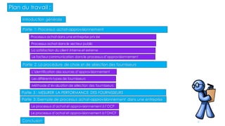 Plan du travail :
Partie 1: Processus achat-approvisionnement
La satisfaction du client interne et externe
Le facteur communication dans le processus d’approvisionnement
Partie 2: La procédure de choix et de sélection des fournisseurs
Introduction générale
Processus achat dans une entreprise privée
Processus achat dans le secteur public
Partie 3: Exemple de processus achat-approvisionnement dans une entreprise
L’identification des sources d’approvisionnement
Méthode d’évaluation de sélection des fournisseurs
Les différents types de fournisseurs
Partie 3 : MESURER LA PERFORMANCE DES FOURNISSEURS
Le processus d’achat et approvisionnement à l’OCP
Le processus d’achat et approvisionnement à l’ONCF
Conclusion 2
 