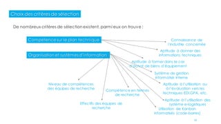 Choix des critères de sélection
De nombreux critères de sélectionexistent, parmi eux on trouve :
Compétencesur le plan technique Connaissance de
l’industrie concernée
Aptitude à donner des
informations techniques
Aptitude à former dans le cas
d’achat de biens d’équipement
Organisation et systèmes d’information
Système de gestion
informatisé interne
Aptitude à l’utilisation ou
à l’évaluation vers les
techniques EDI,GPA, etc.
Aptitude à l’utilisation des
système e-logistiques
Utilisation de Kanban
informatisés (code-barres)
Compétence en termes
de recherche
Effectifs des équipes de
recherche
Niveau de compétences
des équipes de recherche
33
 