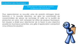 Application N°1 méthode de notation
et sélection des fournisseurs
Evaluation des fournisseur
Pour approvisionner sa nouvelle usine de produits ménagers (javel,
Sanicroix…), la nouvelle directrice, qui gère les commandes de
consommables de pièces de rechange et veille sur la qualité de
production en usine, doit comparer les offres de plusieurs fournisseurs.
Son équipe a établi pour sélectionner de la façon la plus objective
possible les fournisseurs potentiels, une grille d’appréciation comportant
cinq critères d’évaluation :
36
 