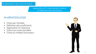  MÉTHODOLOGIE
 Choix de l’échelle
 Définition des coefficients
 Application à l’exercice
 Calcul du score pondéré
 Choix du meilleur fournisseur
39
Evaluation des fournisseur
Application N°1 méthode de notation
et sélection des fournisseurs
 
