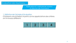 1 2 3 4
48
1. Définitionde l’échelle d’évaluation
Choisissons une échelle à 4 points car les appréciations des critères
ont 4 niveaux différents
Evaluation des fournisseur
Application N°1 méthode de notation
et sélection des fournisseurs
 