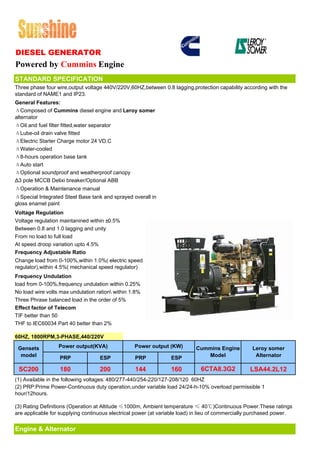DIESEL GENERATOR
Powered by Cummins Engine
STANDARD SPECIFICATION
Three phase four wire,output voltage 440V/220V,60HZ,between 0.8 lagging,protection capability according with the
standard of NAME1 and IP23.
General Features:
ΔComposed of Cummins diesel engine and Leroy somer
alternator
ΔOil and fuel filter fitted,water separator
ΔLube-oil drain valve fitted
ΔElectric Starter Charge motor 24 VD.C
ΔWater-cooled
Δ8-hours operation base tank
ΔAuto start
ΔOptional soundproof and weatherproof canopy
Δ3 pole MCCB Delixi breaker/Optional ABB
ΔOperation & Maintenance manual
ΔSpecial Integrated Steel Base tank and sprayed overall in
gloss enamel paint
Voltage Regulation
Voltage regulation maintanined within ±0.5%
Between 0.8 and 1.0 lagging and unity
From no load to full load
At speed droop variation upto 4.5%
Frequency Adjustable Ratio
Change load from 0-100%,within 1.0%( electric speed
regulator),within 4.5%( mechanical speed regulator)
Frequency Undulation
load from 0-100%,frequency undulation within 0.25%
No load wire volts max undulation ration within 1.8%
Three Phrase balanced load in the order of 5%
Effect factor of Telecom
TIF better than 50
THF to IEC60034 Part 40 better than 2%

60HZ, 1800RPM,3-PHASE,440/220V

 Gensets          Power output(KVA)               Power output (KW)        Cummins Engine          Leroy somer
  model           PRP              ESP            PRP            ESP          Model                 Alternator

 SC200             180             200            144            160         6CTA8.3G2            LSA44.2L12
(1) Available in the following voltages: 480/277-440/254-220/127-208/120 60HZ
(2) PRP:Prime Power-Continuous duty operation,under variable load 24/24-h-10% overload permissible 1
hour/12hours.

(3) Rating Definitions (Operation at Altitude ≤1000m, Ambient temperature ≤ 40℃)Continuous Power.These ratings
are applicable for supplying continuous electrical power (at variable load) in lieu of commercially purchased power.


Engine & Alternator
 