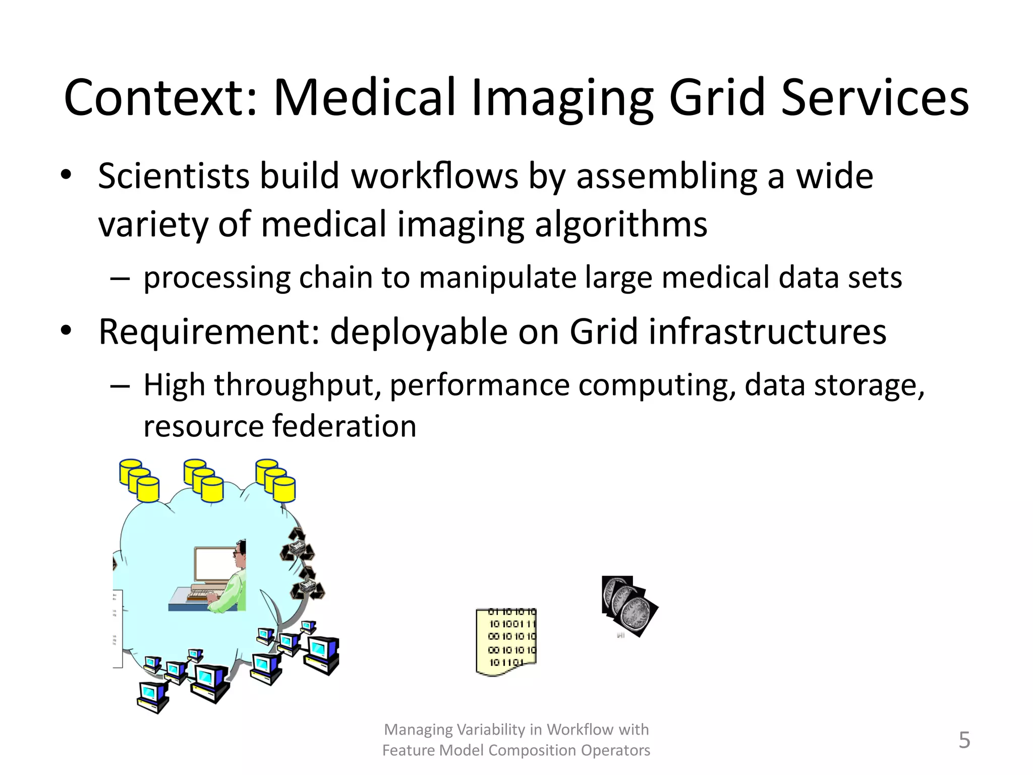 Context: Medical Imaging Grid Services
• Scientists build workﬂows by assembling a wide
  variety of medical imaging algorithms
   – processing chain to manipulate large medical data sets
• Requirement: deployable on Grid infrastructures
   – High throughput, performance computing, data storage,
     resource federation




                      Managing Variability in Workflow with
                      Feature Model Composition Operators     5
 