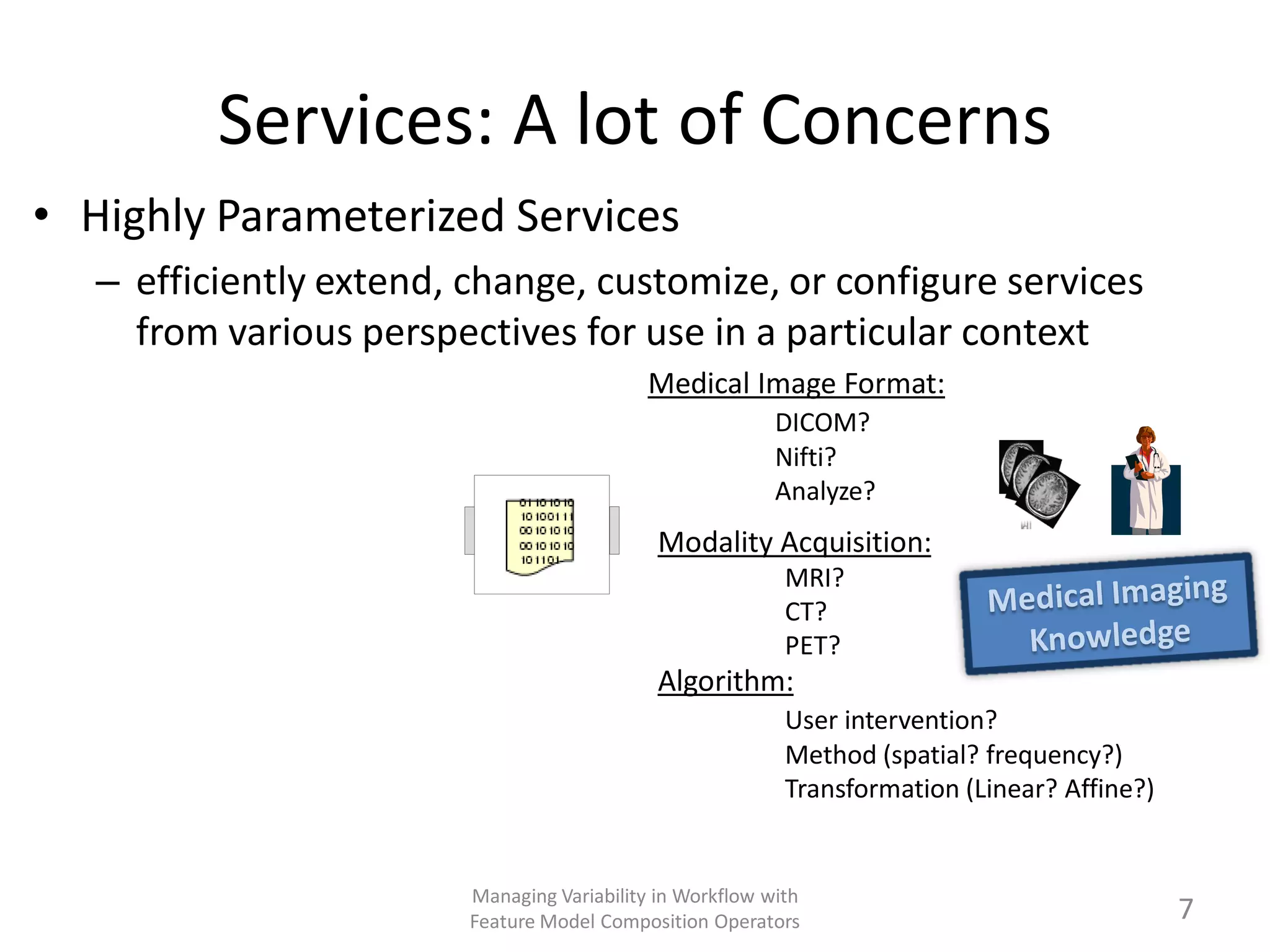 Services: A lot of Concerns
• Highly Parameterized Services
   – efficiently extend, change, customize, or configure services
     from various perspectives for use in a particular context
                                            Medical Image Format:
                                                           DICOM?
                                                           Nifti?
                                                           Analyze?
                                              Modality Acquisition:
                                                            MRI?
                                                            CT?
                                                            PET?
                                              Algorithm:
                                                            User intervention?
                                                            Method (spatial? frequency?)
                                                            Transformation (Linear? Affine?)


                         Managing Variability in Workflow with
                         Feature Model Composition Operators                                   7
 