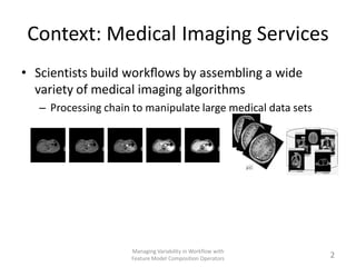 Context: Medical Imaging Services
• Scientists build workﬂows by assembling a wide
  variety of medical imaging algorithms...