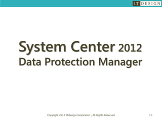 System Center 2012
Data Protection Manager



     Copyright 2012 ITdesign Corporation , All Rights Reserved   18
 