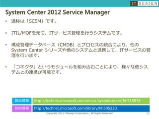 System Center 2012 Service Manager
•   通称は「SCSM」です。

•   ITIL/MOFを元に、ITサービス管理を行うシステムです。

•   構成管理データベース（CMDB）とプロセスの統合により、他の
    System Center シリーズや他のシステムと連携して、ITサービスの管
    理を行います。

•   「コネクタ」というモジュールを組み込むことにより、様々な他シス
    テムとの連携が可能です。




    製品情報   http://technet.microsoft.com/en-us/systemcenter/hh315836

    技術情報   http://technet.microsoft.com/library/hh305220
                 Copyright 2012 ITdesign Corporation , All Rights Reserved   25
 