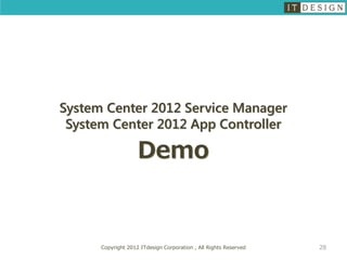 System Center 2012 Service Manager
 System Center 2012 App Controller

                    Demo


      Copyright 2012 ITdesign Corporation , All Rights Reserved   28
 