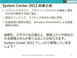 System Center 2012 のまとめ
• パブリッククラウド、プライベートクラウドの構築と運用
  のための機能を大幅に強化。
• 製品ラインナップ、ライセンス体系を大幅に変更。
• 各製品間の連携を強化、Winodws PowerShellによる管理
  機能も強化。


仮想化、クラウド化が進むと、管理コストや求めら
れる管理スキルが高くなることがありえます。
System Center 2012 でしっかり管理していきま
しょう！

          Copyright 2012 ITdesign Corporation , All Rights Reserved   32
 