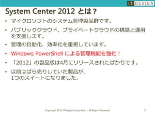 System Center 2012 とは？
• マイクロソフトのシステム管理製品群です。
• パブリッククラウド、プライベートクラウドの構築と運用
  を支援します。
• 管理の自動化、効率化を重視しています。
• Windows PowerShell による管理機能を強化！
• 「2012」の製品版は4月にリリースされたばかりです。
• 以前はばら売りしていた製品が、
  1つのスイートになりました。




           Copyright 2012 ITdesign Corporation , All Rights Reserved   5
 